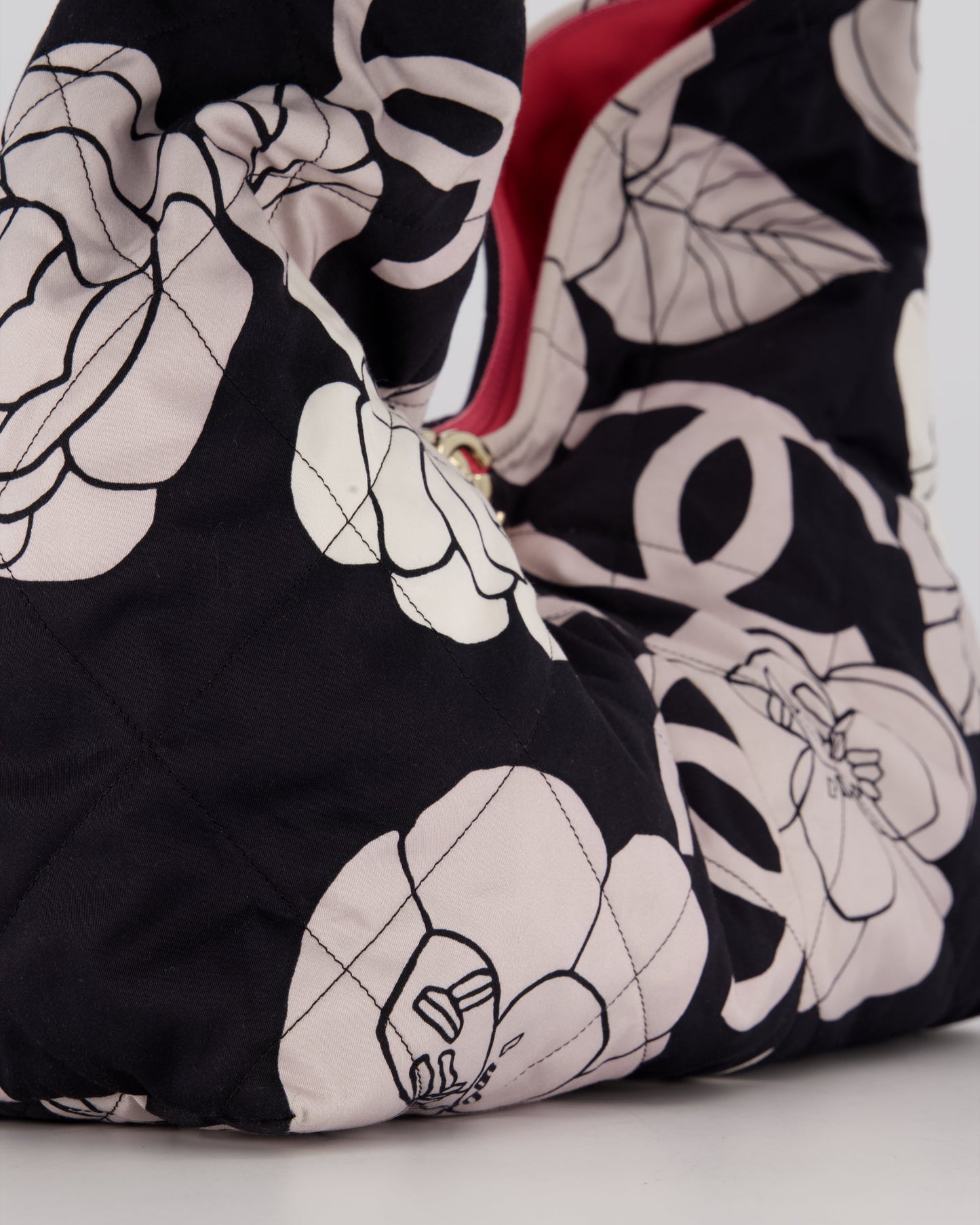 Chanel Black and White Camellia Large Hobo Bag in Fabric with Pink Interior and Gold Hardware