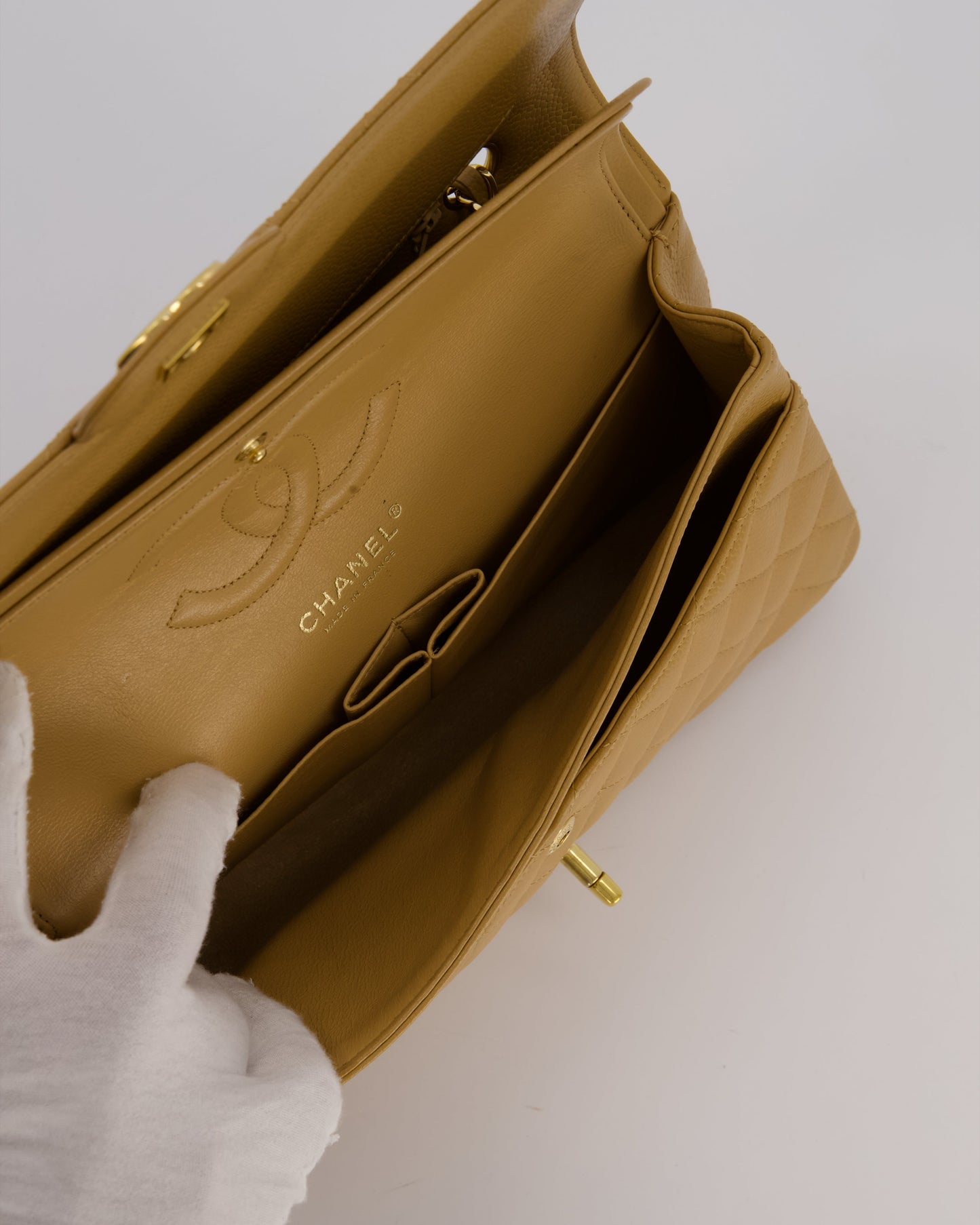 *VERY RARE* Chanel Chai Latte Vintage Medium Classic Double Flap Bag in Caviar Leather with 24K Gold Hardware