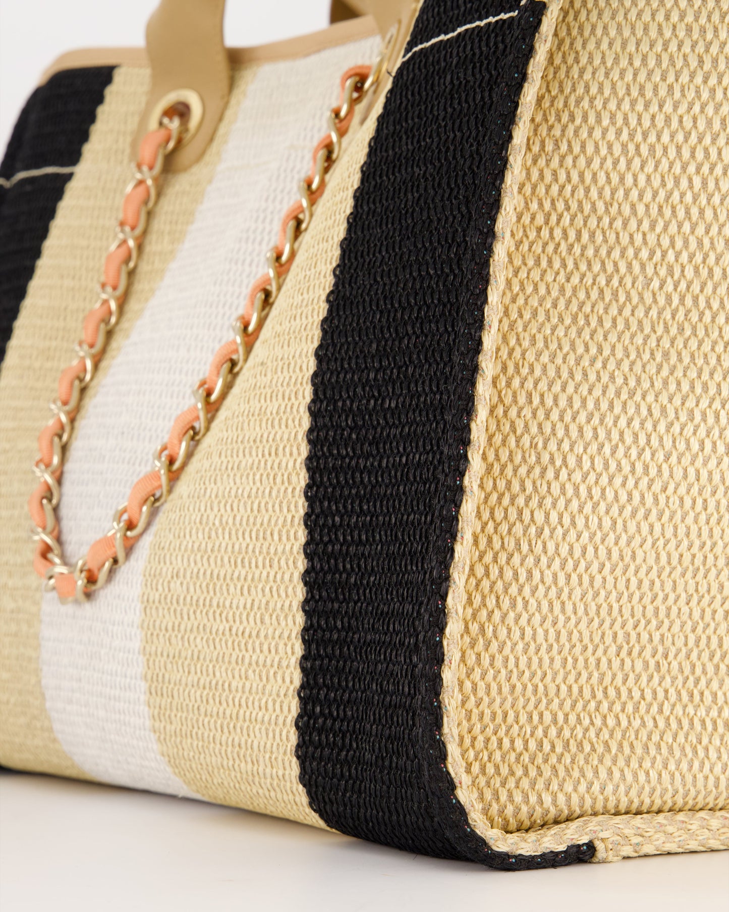 *HOT* Chanel Beige, Black and White Raffia Medium Deauville Tote Bag with Pastel Logo and Champagne Gold Hardware