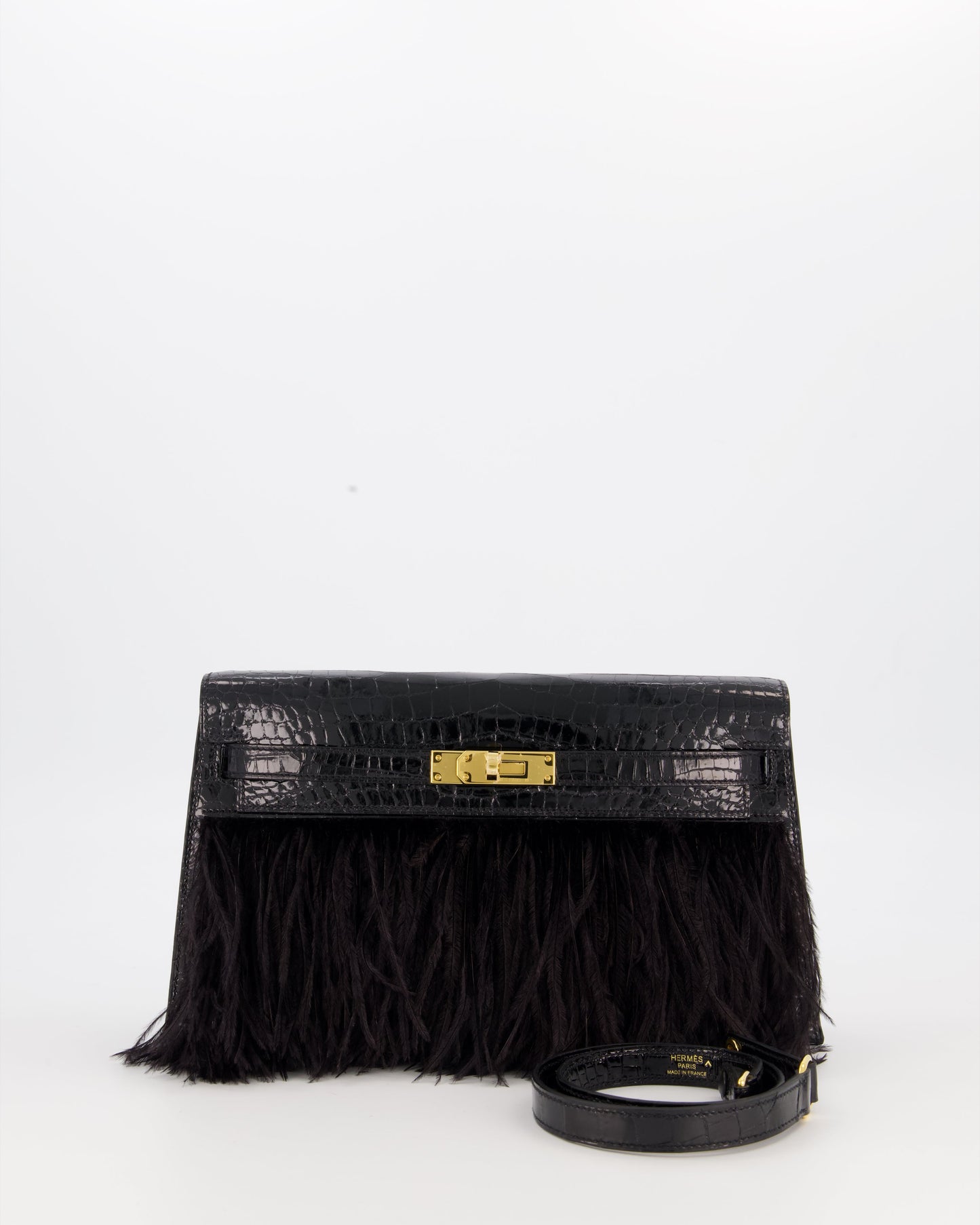 Hermes Kelly Elan Folie Bag in Noir Crocodile Porosus Lisse Leather, Noir Plumes with Gold Hardware