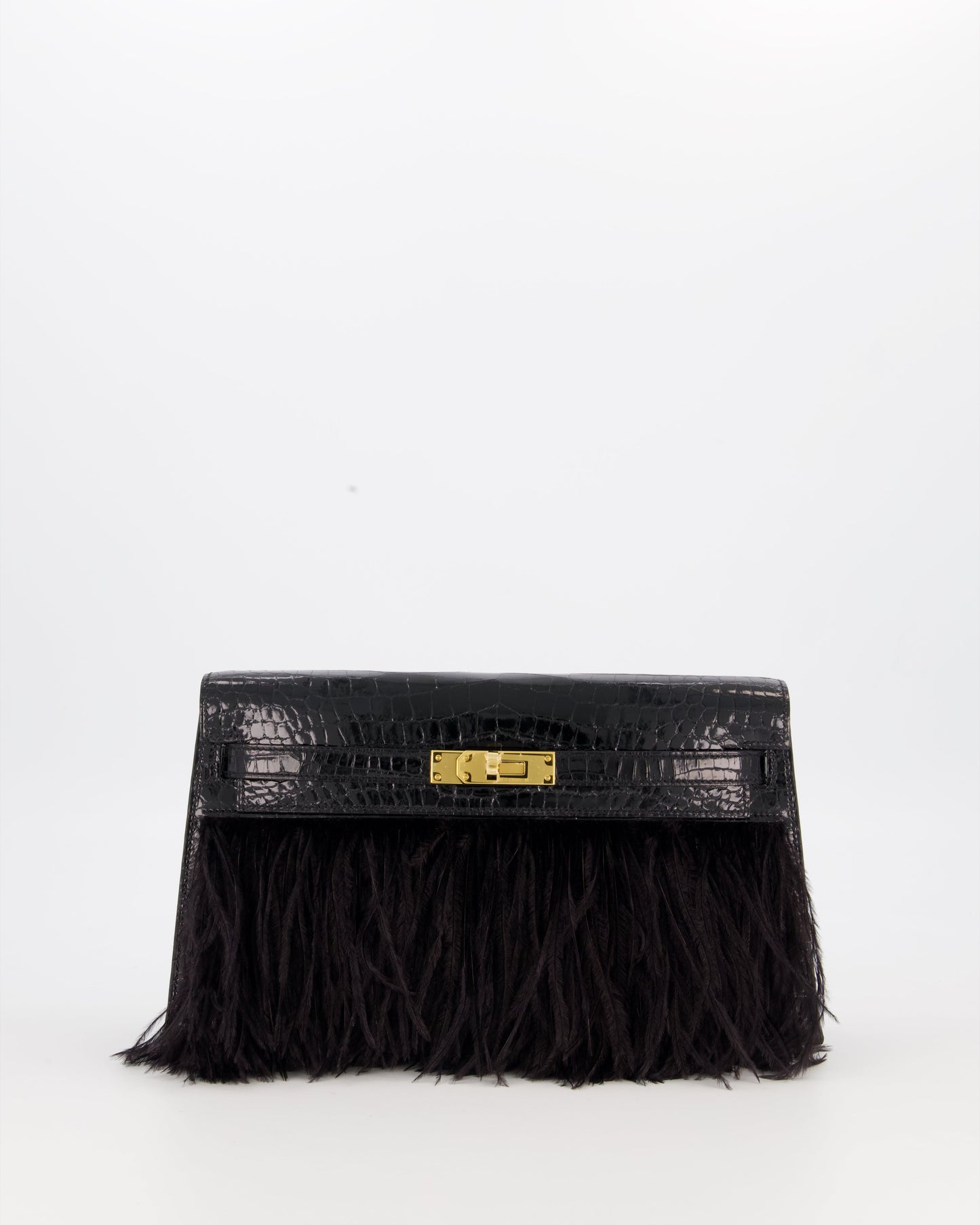 Hermes Kelly Elan Folie Bag in Noir Crocodile Porosus Lisse Leather, Noir Plumes with Gold Hardware