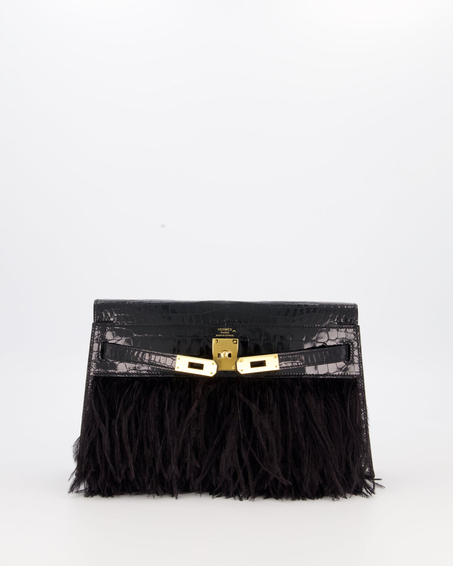 Hermes Kelly Elan Folie Bag in Noir Crocodile Porosus Lisse Leather, Noir Plumes with Gold Hardware