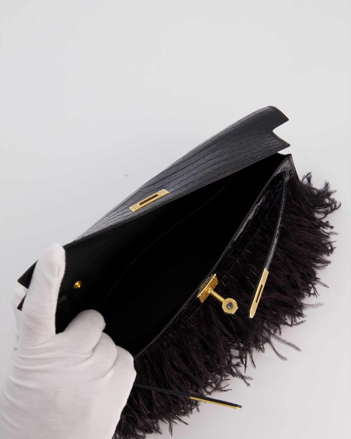 Hermes Kelly Elan Folie Bag in Noir Crocodile Porosus Lisse Leather, Noir Plumes with Gold Hardware