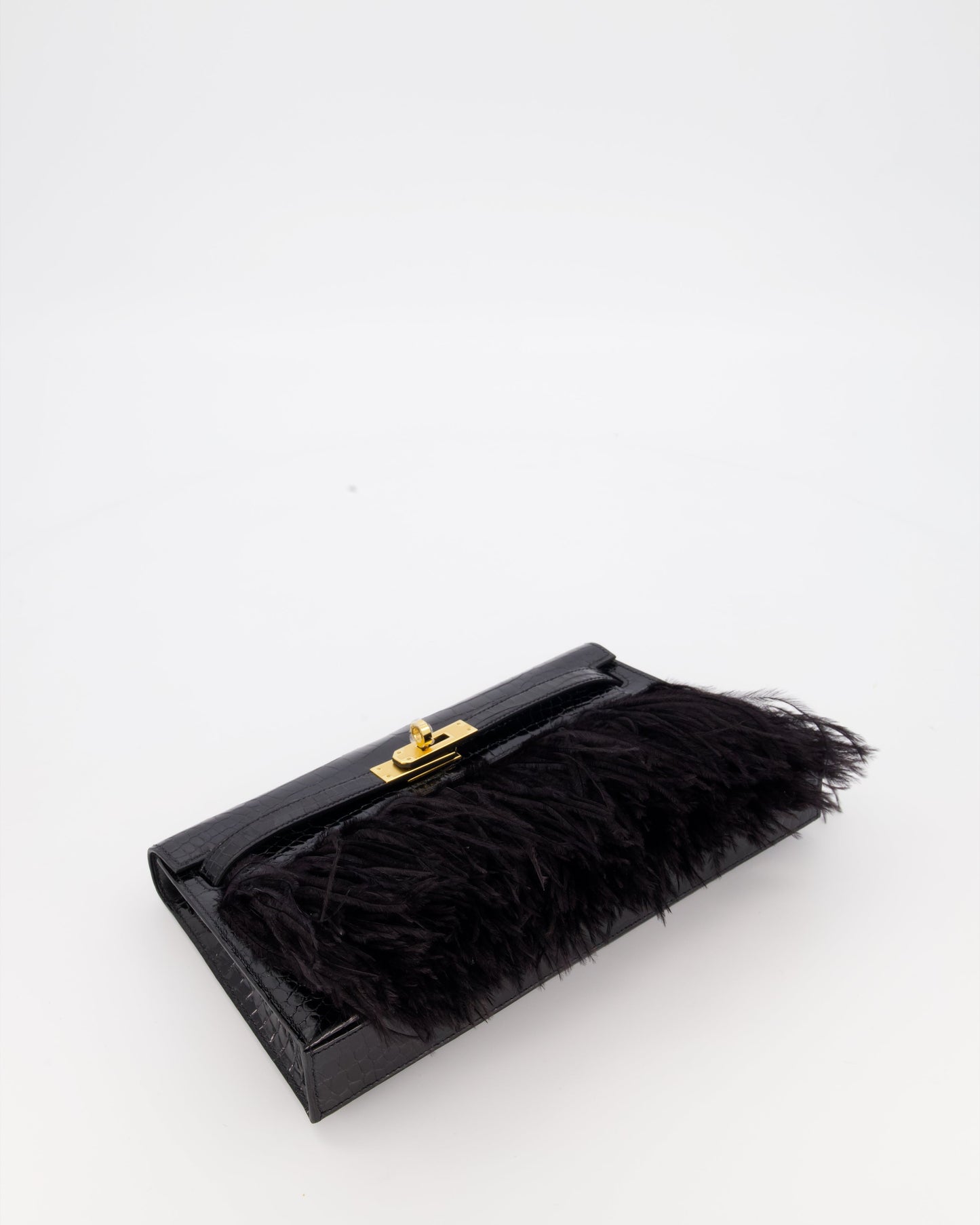 Hermes Kelly Elan Folie Bag in Noir Crocodile Porosus Lisse Leather, Noir Plumes with Gold Hardware