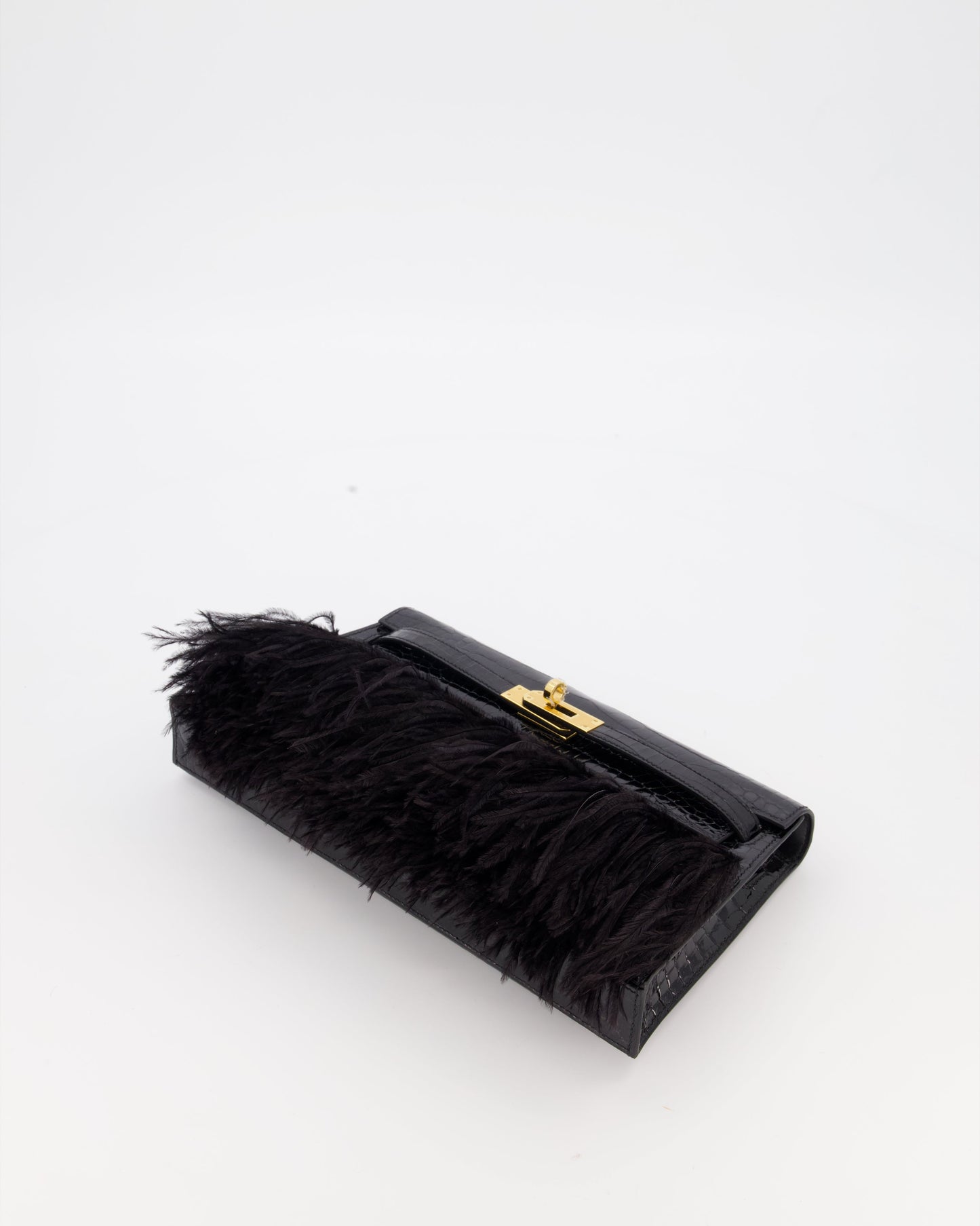 Hermes Kelly Elan Folie Bag in Noir Crocodile Porosus Lisse Leather, Noir Plumes with Gold Hardware