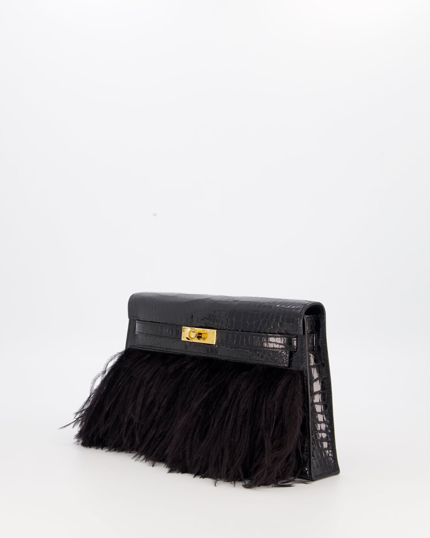 Hermes Kelly Elan Folie Bag in Noir Crocodile Porosus Lisse Leather, Noir Plumes with Gold Hardware