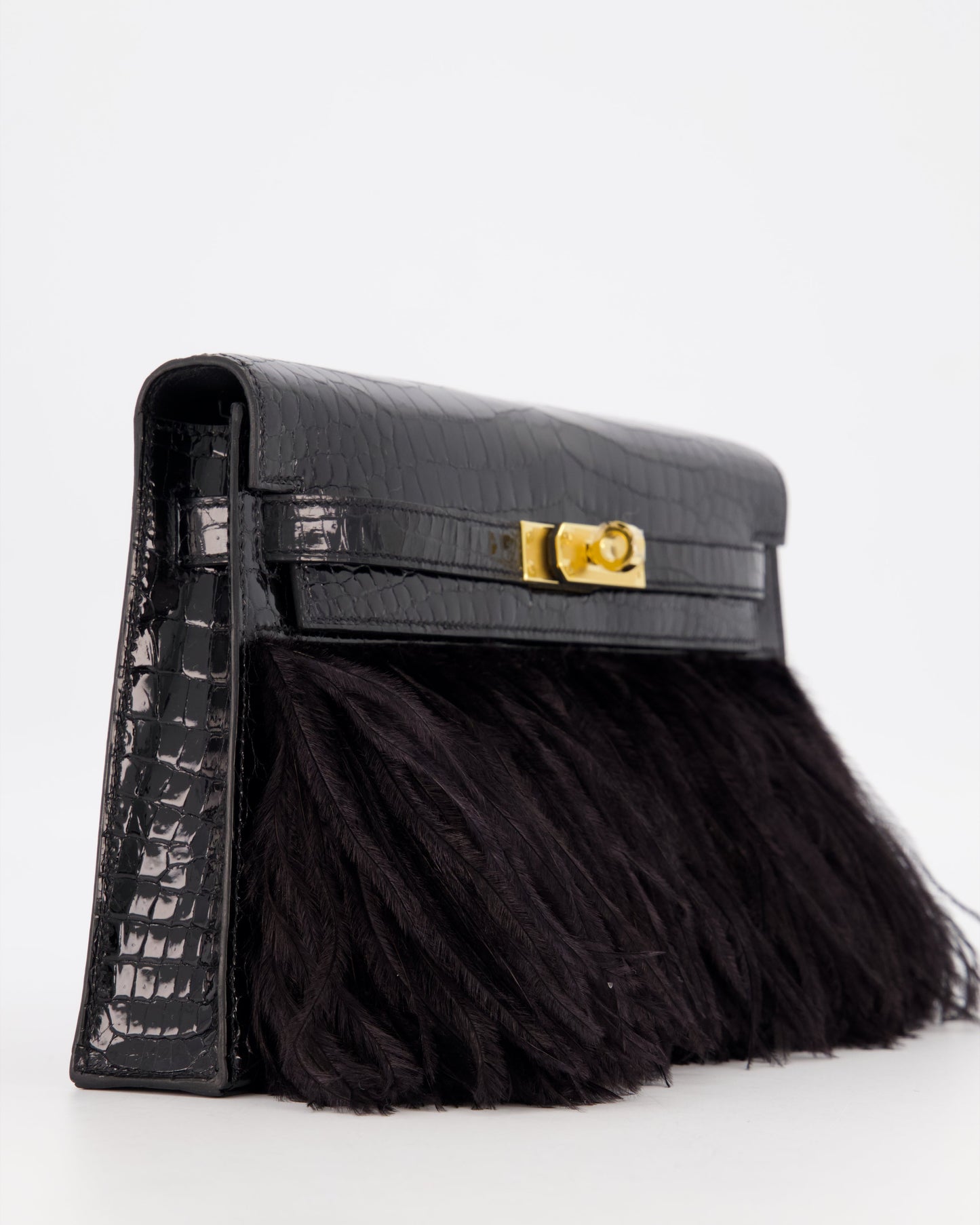 Hermes Kelly Elan Folie Bag in Noir Crocodile Porosus Lisse Leather, Noir Plumes with Gold Hardware