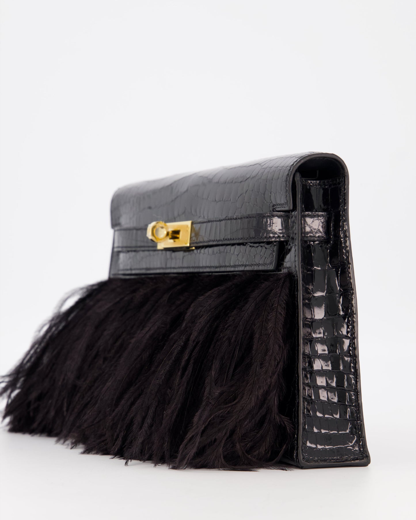 Hermes Kelly Elan Folie Bag in Noir Crocodile Porosus Lisse Leather, Noir Plumes with Gold Hardware