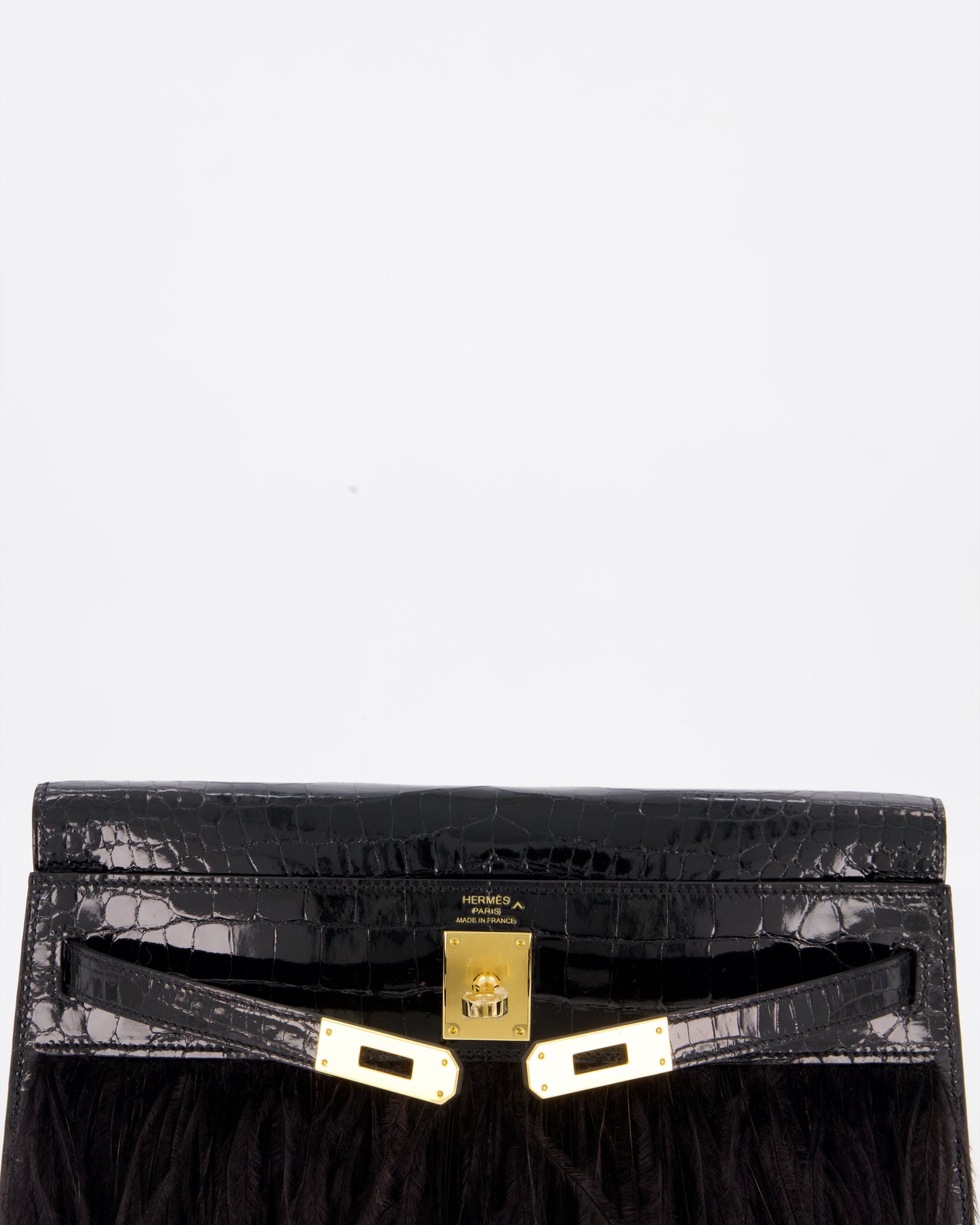 Hermes Kelly Elan Folie Bag in Noir Crocodile Porosus Lisse Leather, Noir Plumes with Gold Hardware
