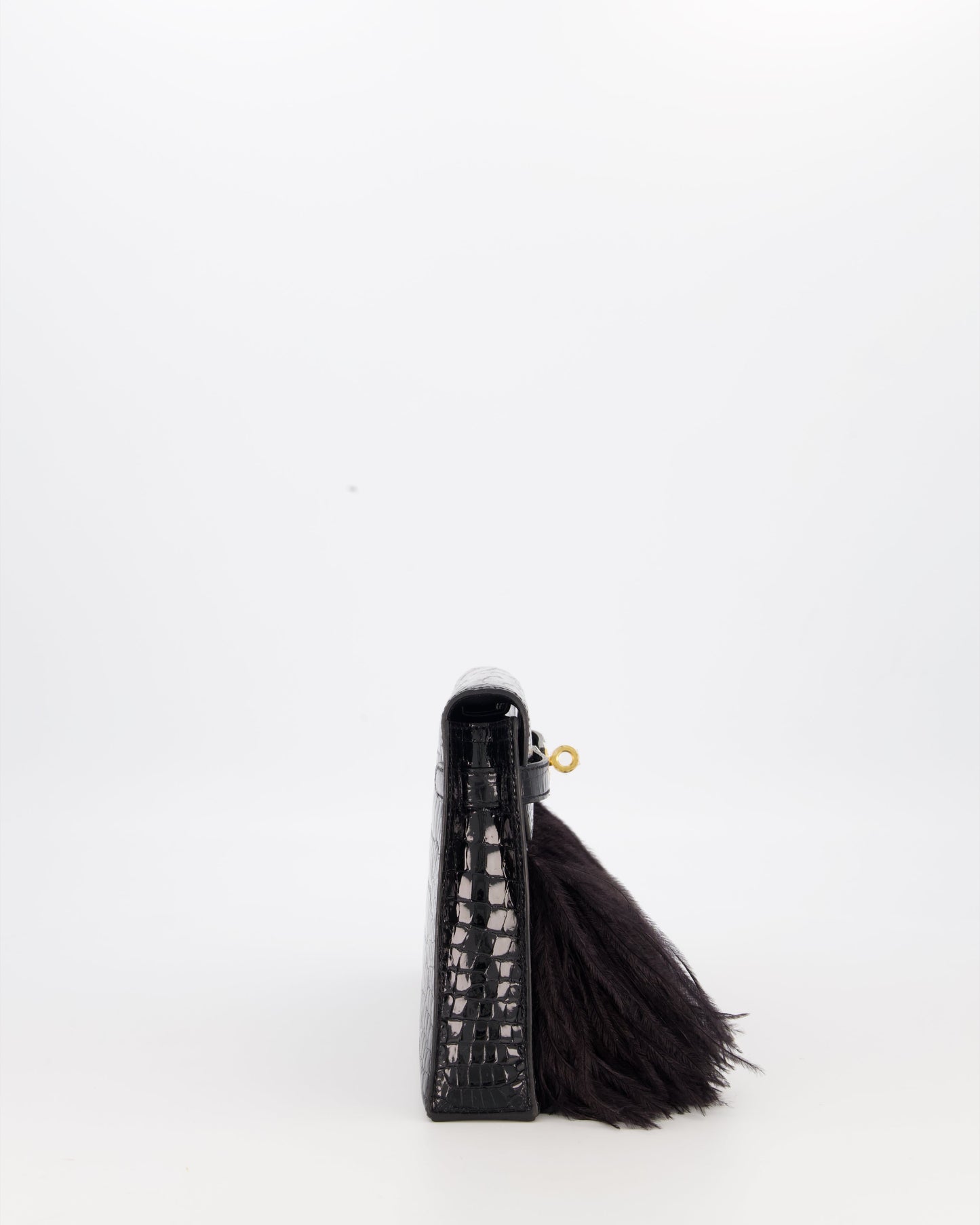 Hermes Kelly Elan Folie Bag in Noir Crocodile Porosus Lisse Leather, Noir Plumes with Gold Hardware
