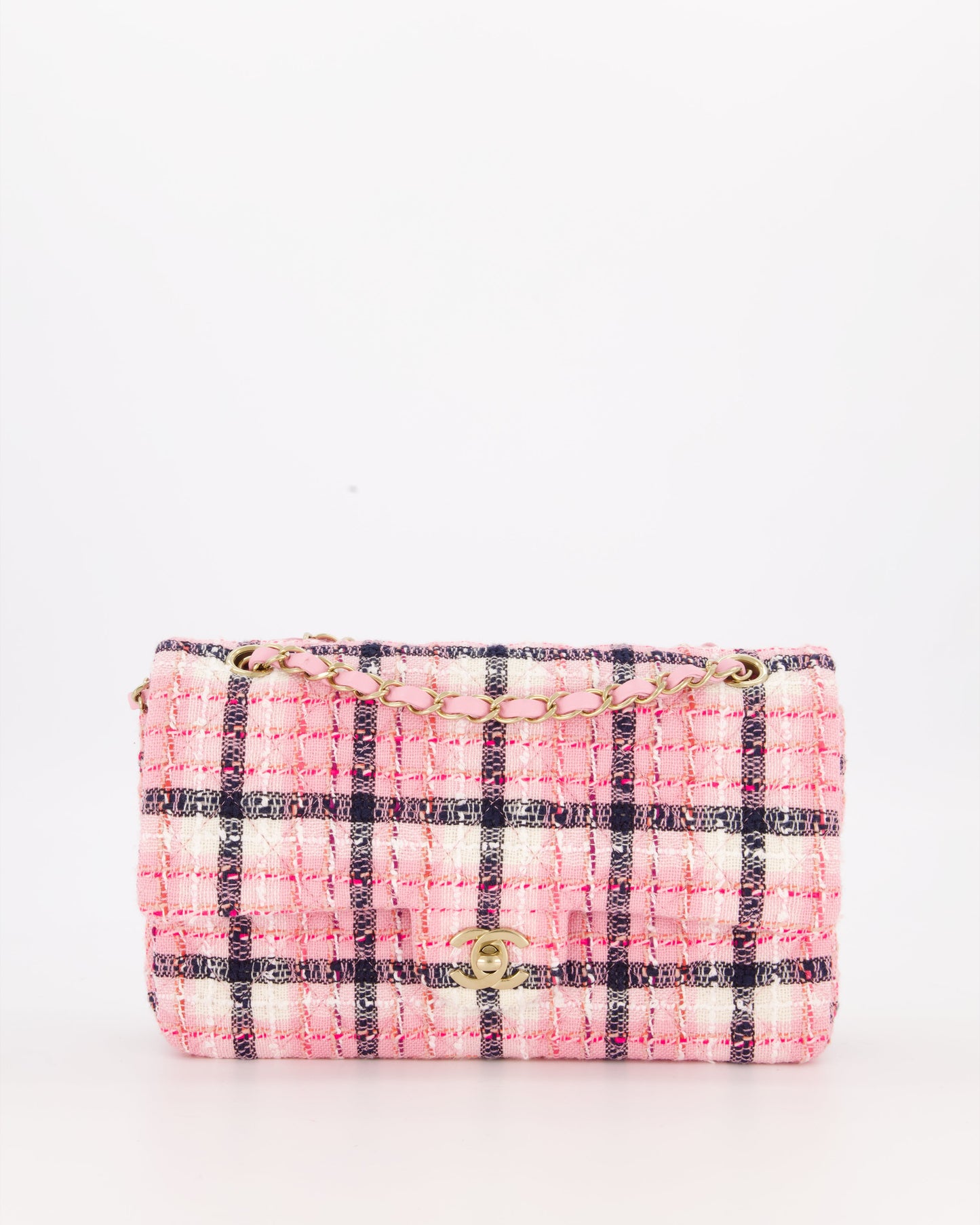 Chanel White, Pink & Black Multicolour Tweed Medium Classic Double Flap Bag with Champagne Gold Hardware