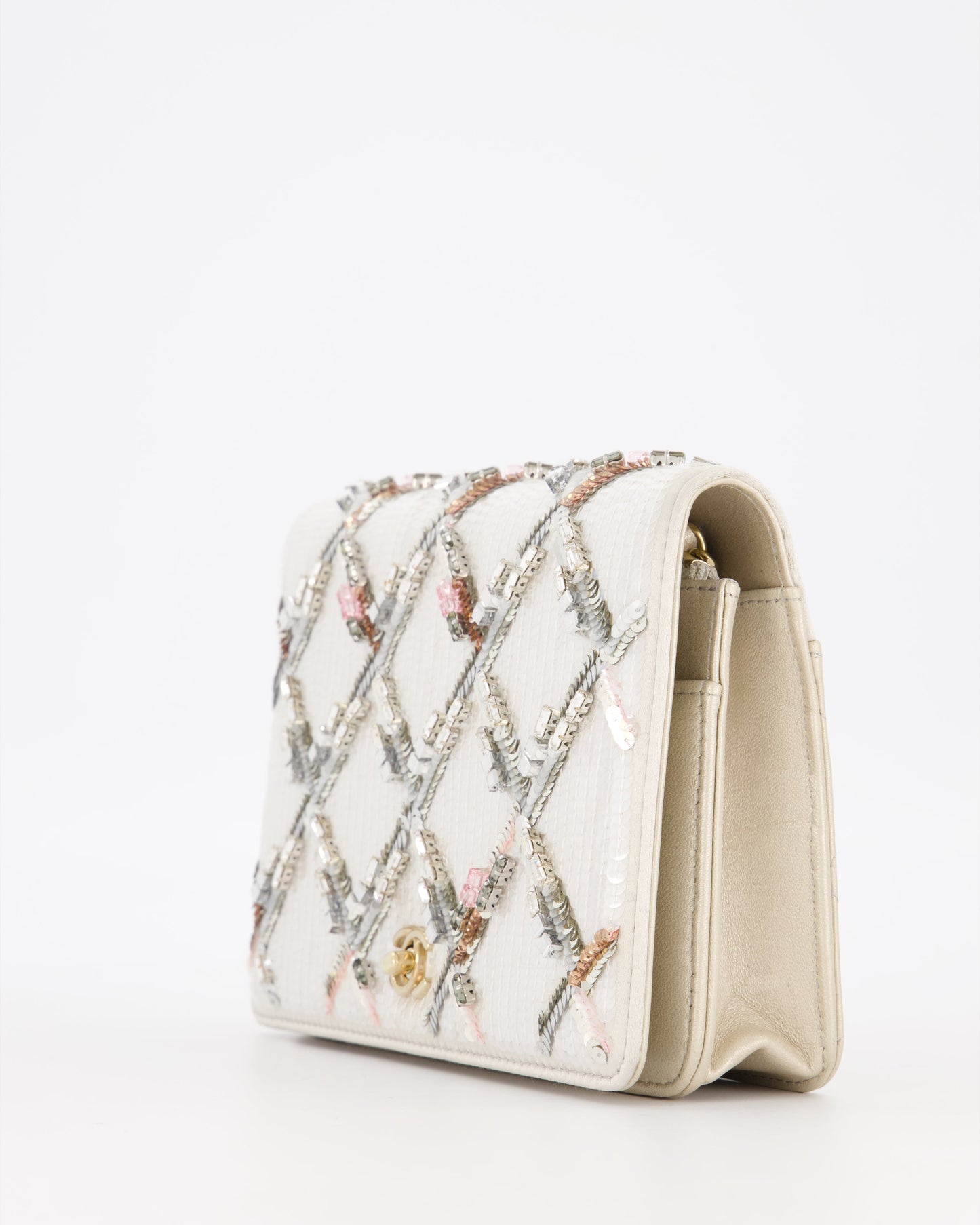 Chanel Silver Cruise Wallet on Chain Bag in Lambskin Leather with Sequin Embroidered and Champagne Gold Hardware