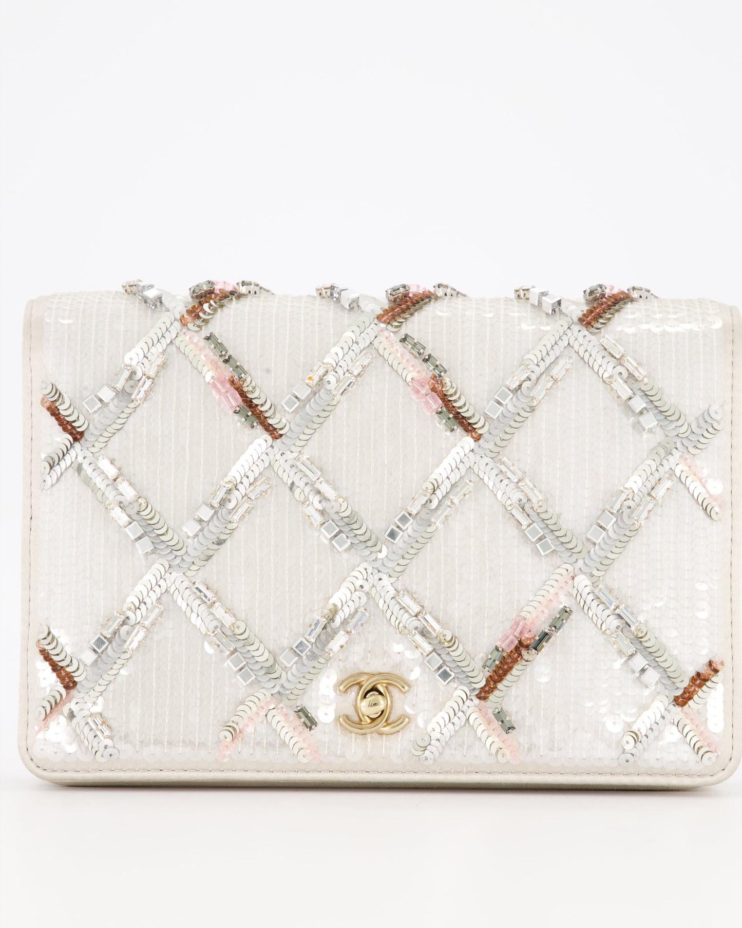 Chanel Silver Cruise Wallet on Chain Bag in Lambskin Leather with Sequin Embroidered and Champagne Gold Hardware