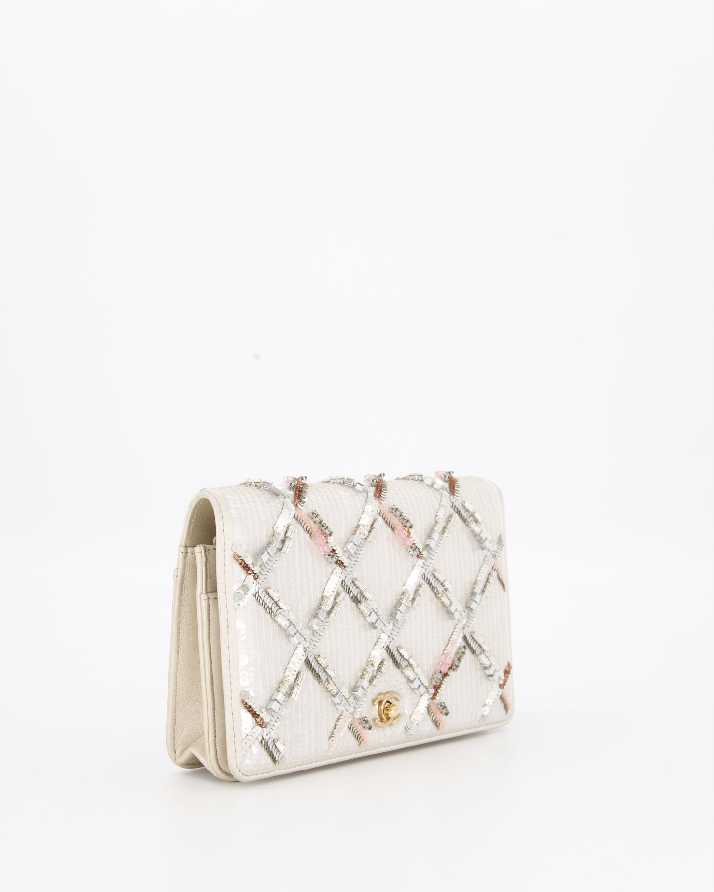 Chanel Silver Cruise Wallet on Chain Bag in Lambskin Leather with Sequin Embroidered and Champagne Gold Hardware