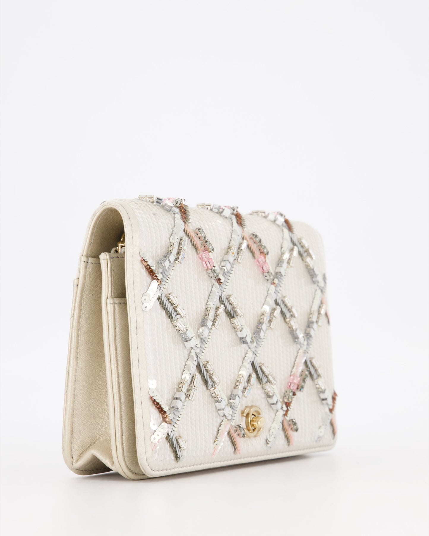 Chanel Silver Cruise Wallet on Chain Bag in Lambskin Leather with Sequin Embroidered and Champagne Gold Hardware