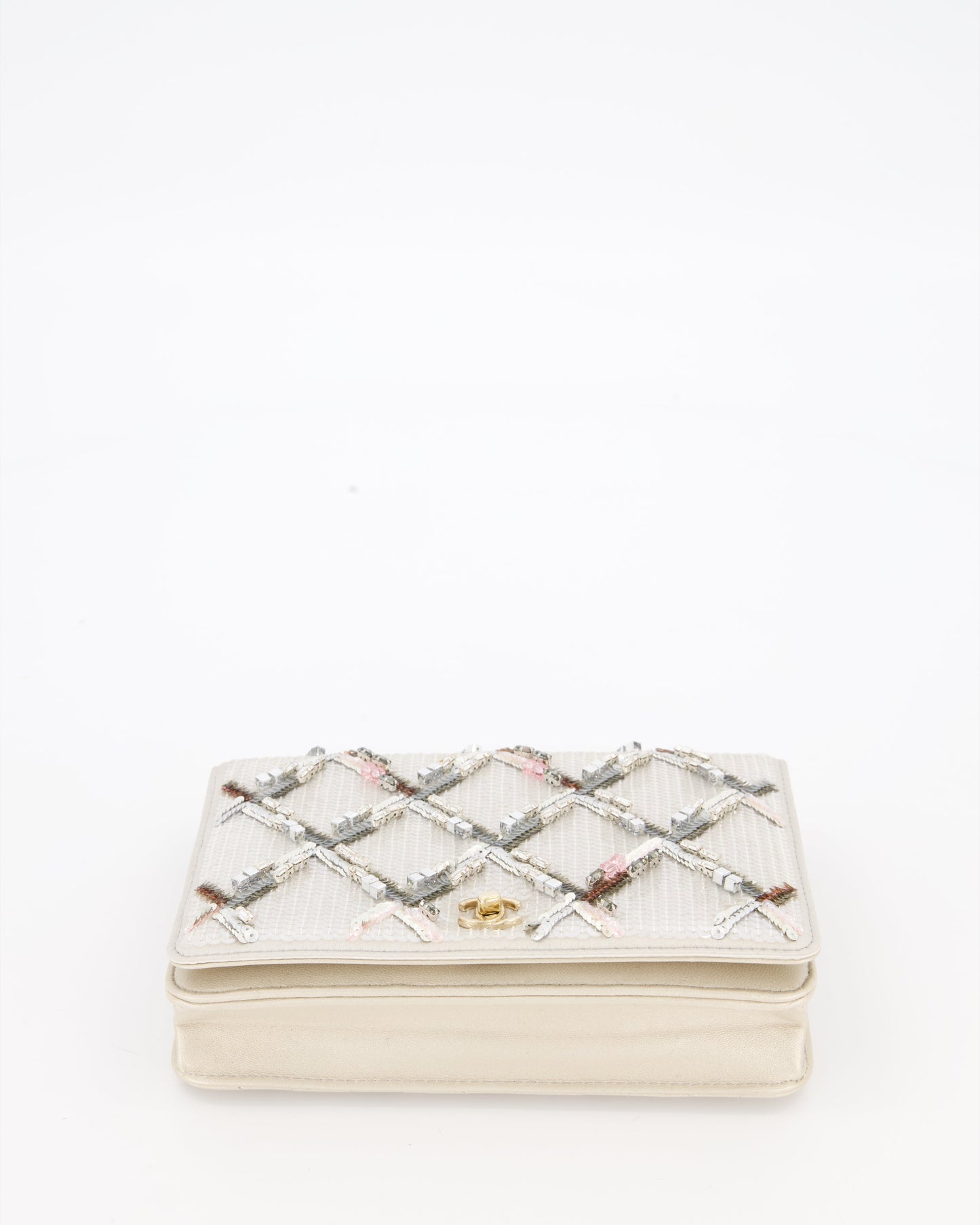 Chanel Silver Cruise Wallet on Chain Bag in Lambskin Leather with Sequin Embroidered and Champagne Gold Hardware