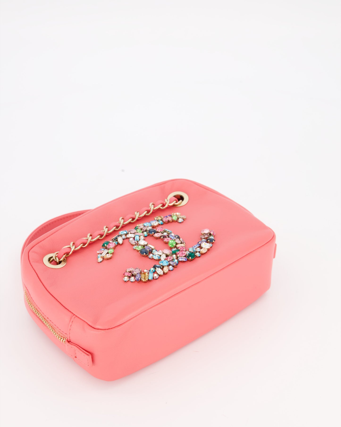 Chanel Coral Pink Small Camera Bag in Lambskin Leather with Multicolour Crystal CC Logo & Champagne Gold Hardware