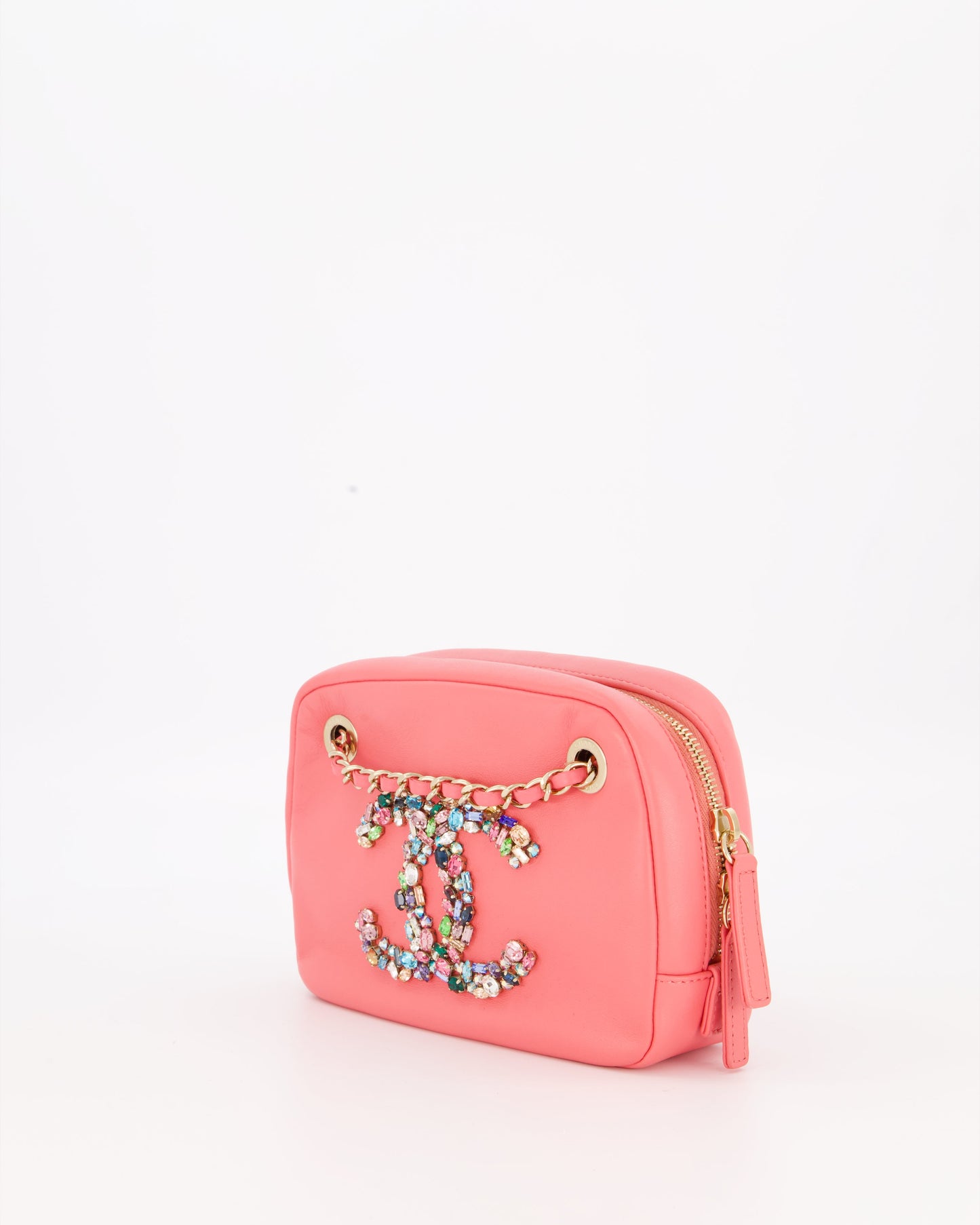 Chanel Coral Pink Small Camera Bag in Lambskin Leather with Multicolour Crystal CC Logo & Champagne Gold Hardware