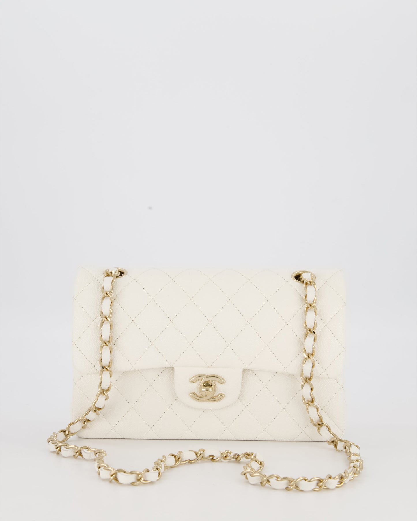 Chanel Small Classic Double Flap Bag in White Caviar Leather with Champagne Gold Hardware