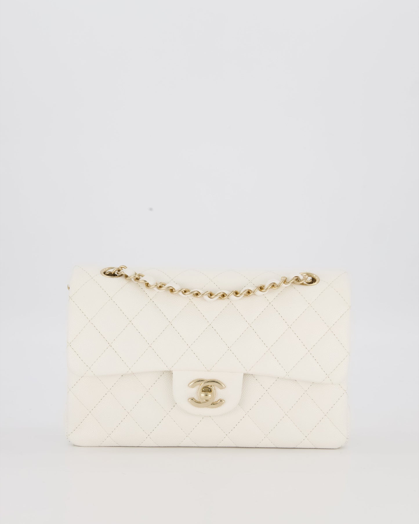 Chanel Small Classic Double Flap Bag in White Caviar Leather with Champagne Gold Hardware