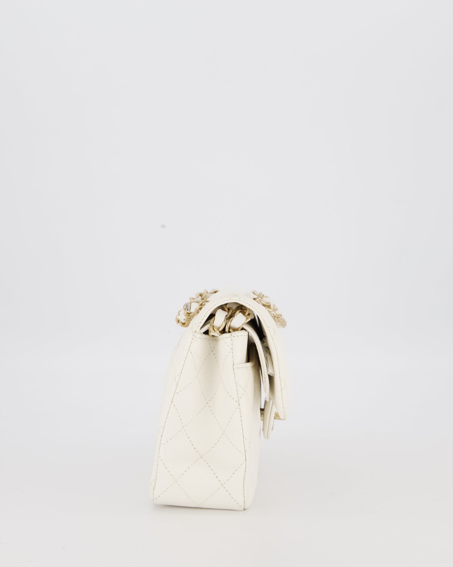 Chanel Small Classic Double Flap Bag in White Caviar Leather with Champagne Gold Hardware
