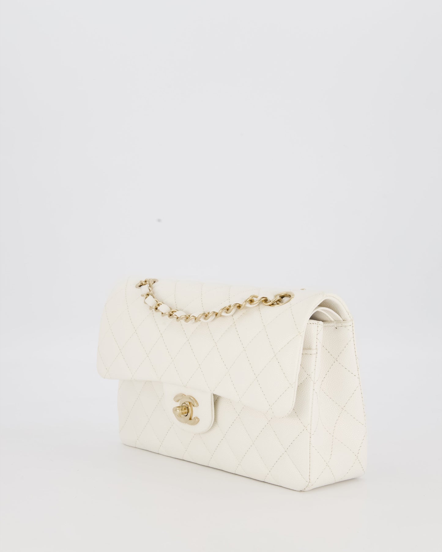 Chanel Small Classic Double Flap Bag in White Caviar Leather with Champagne Gold Hardware