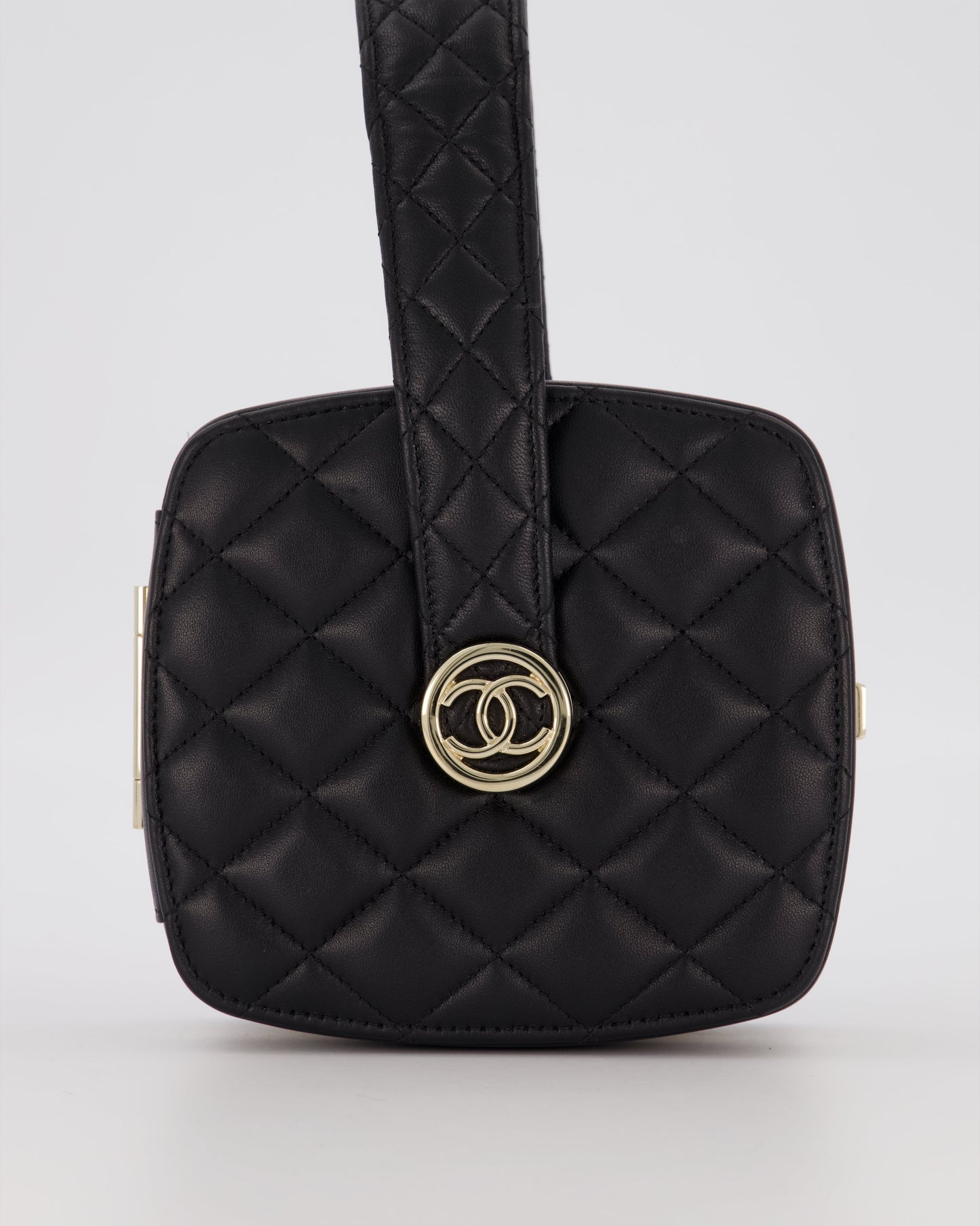 Chanel 22P Makeup Top Handle Clutch Bag in Black Lambskin with Champagne Gold Hardware and CC Logo Detail