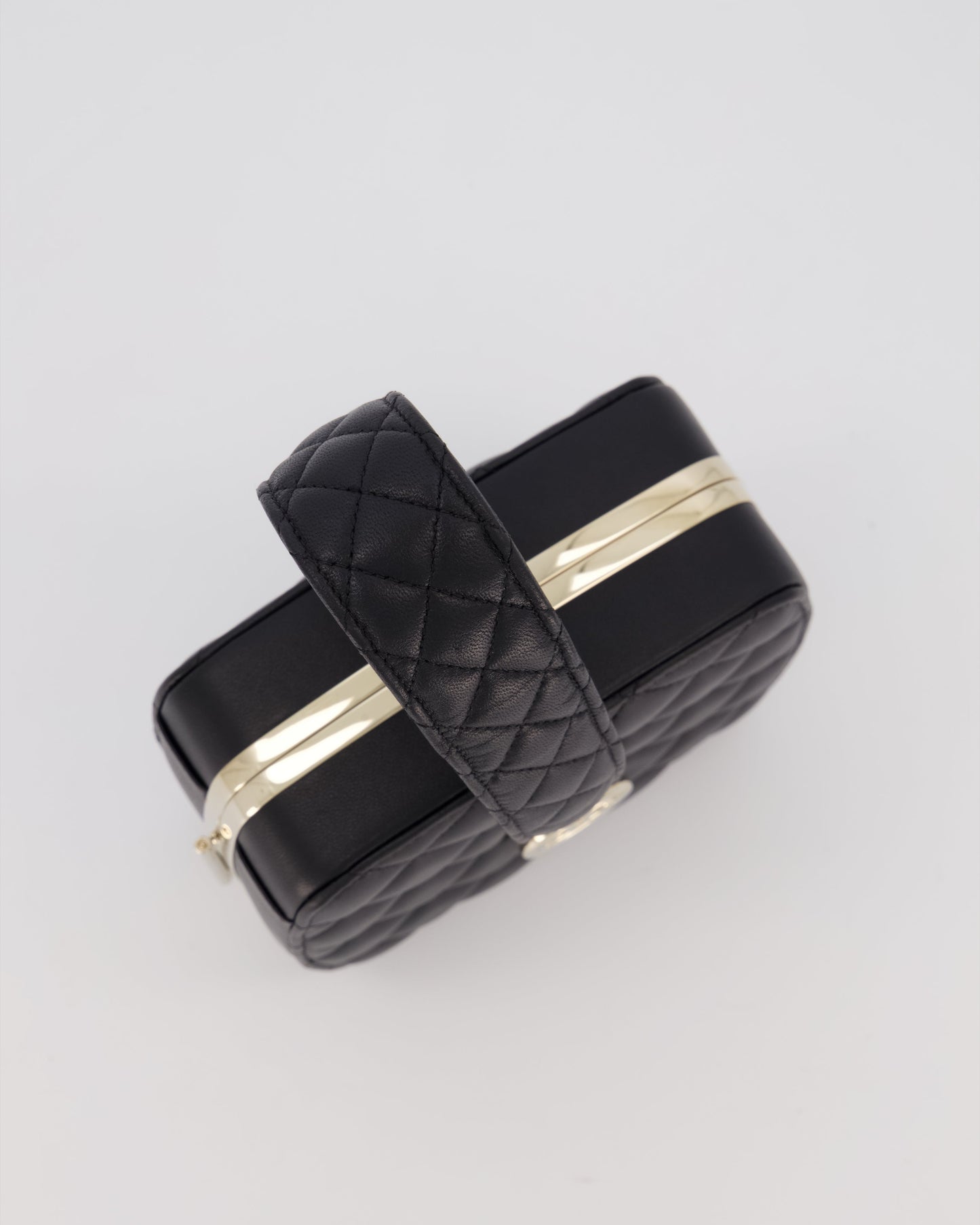 Chanel 22P Makeup Top Handle Clutch Bag in Black Lambskin with Champagne Gold Hardware and CC Logo Detail