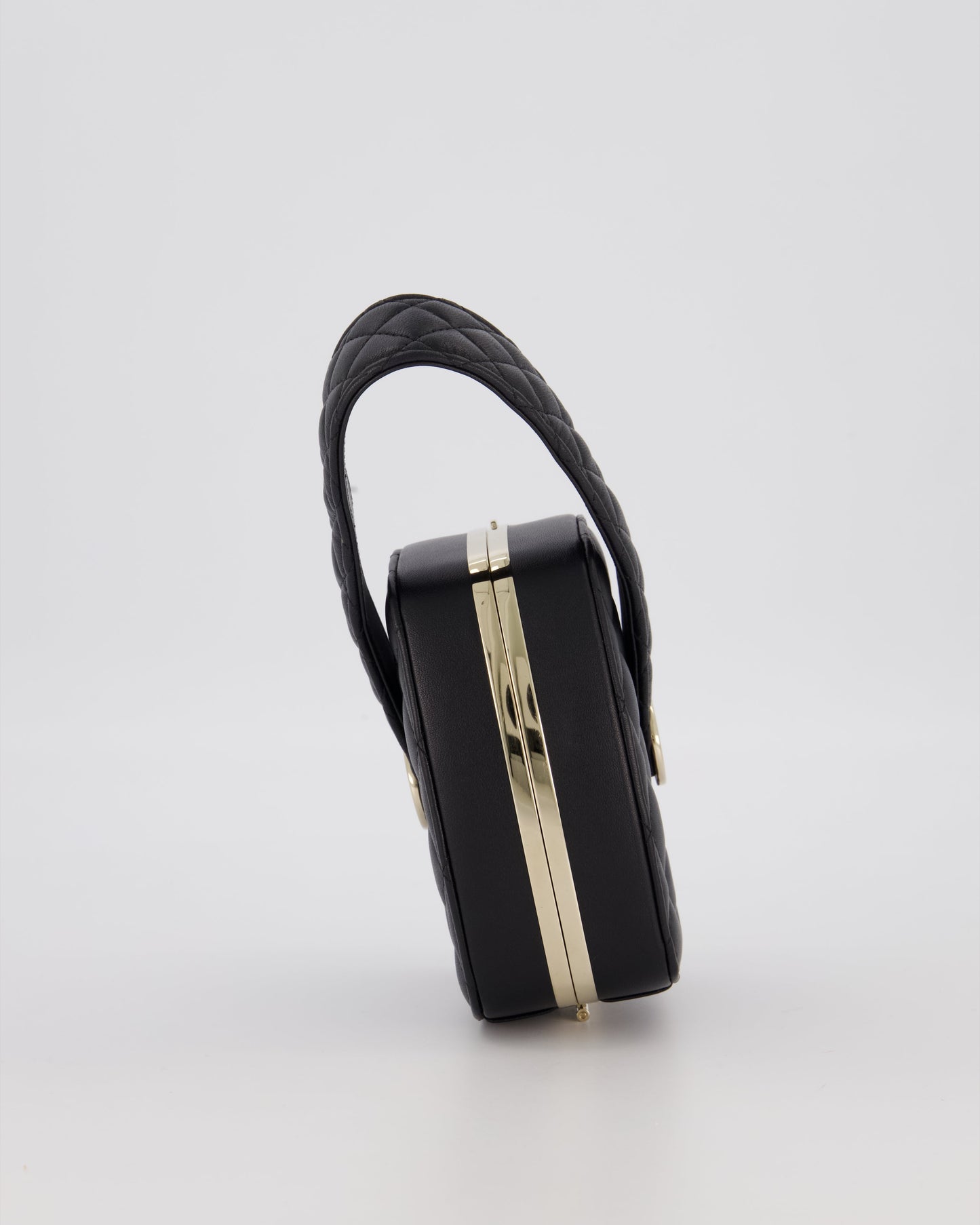 Chanel 22P Makeup Top Handle Clutch Bag in Black Lambskin with Champagne Gold Hardware and CC Logo Detail