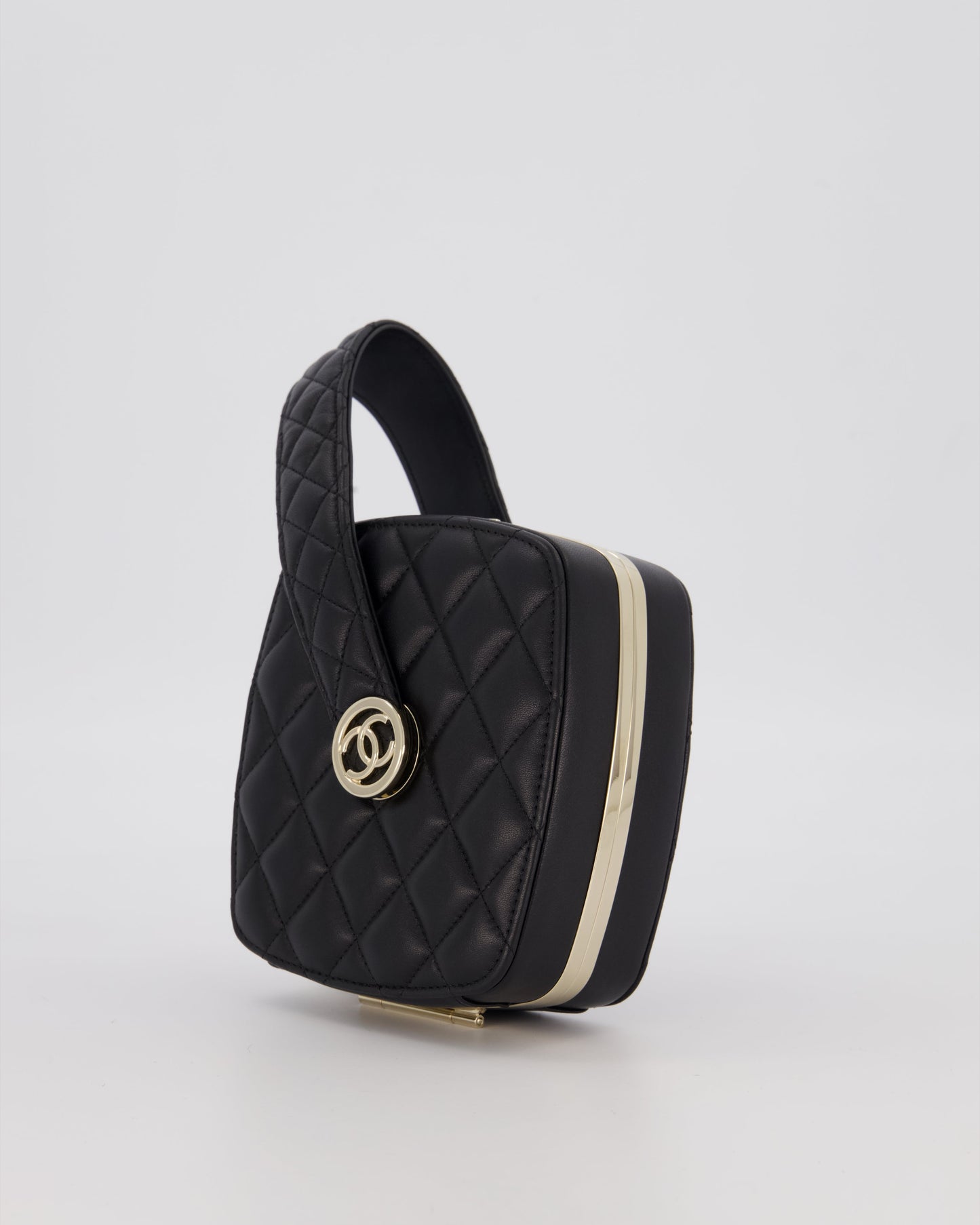 Chanel 22P Makeup Top Handle Clutch Bag in Black Lambskin with Champagne Gold Hardware and CC Logo Detail
