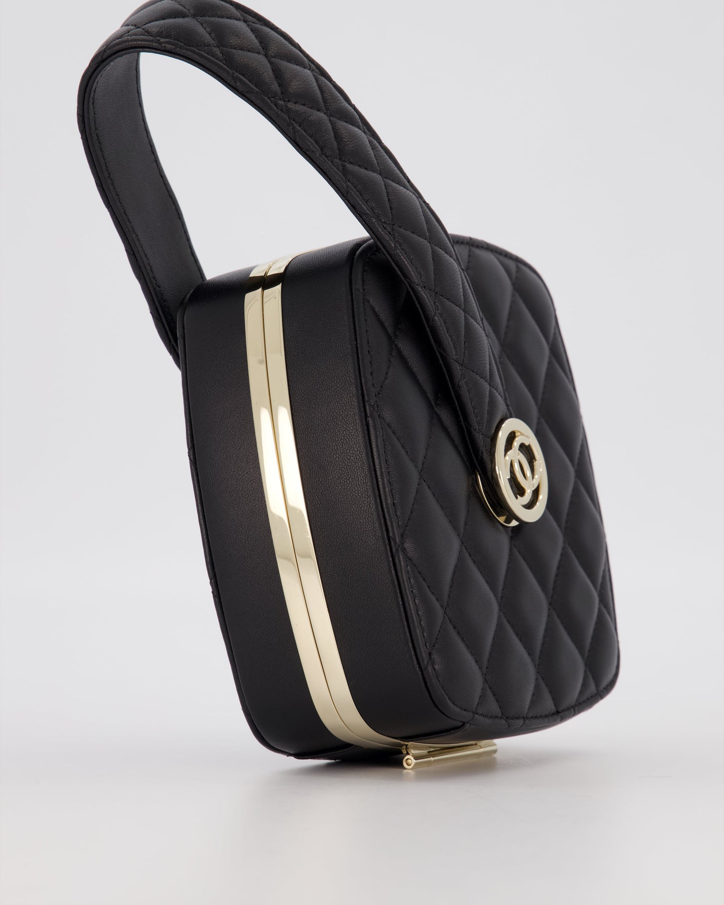 Chanel 22P Makeup Top Handle Clutch Bag in Black Lambskin with Champagne Gold Hardware and CC Logo Detail