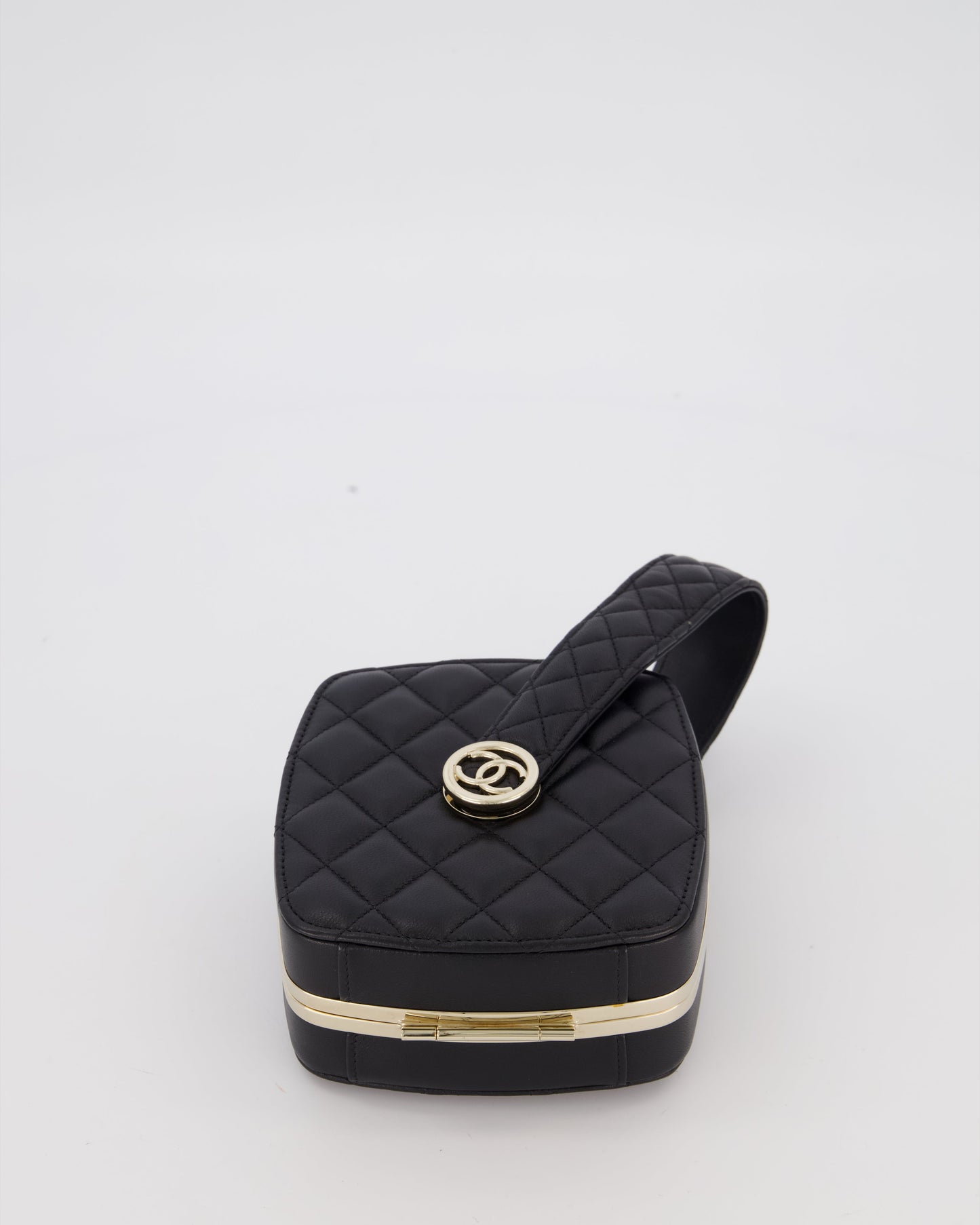 Chanel 22P Makeup Top Handle Clutch Bag in Black Lambskin with Champagne Gold Hardware and CC Logo Detail