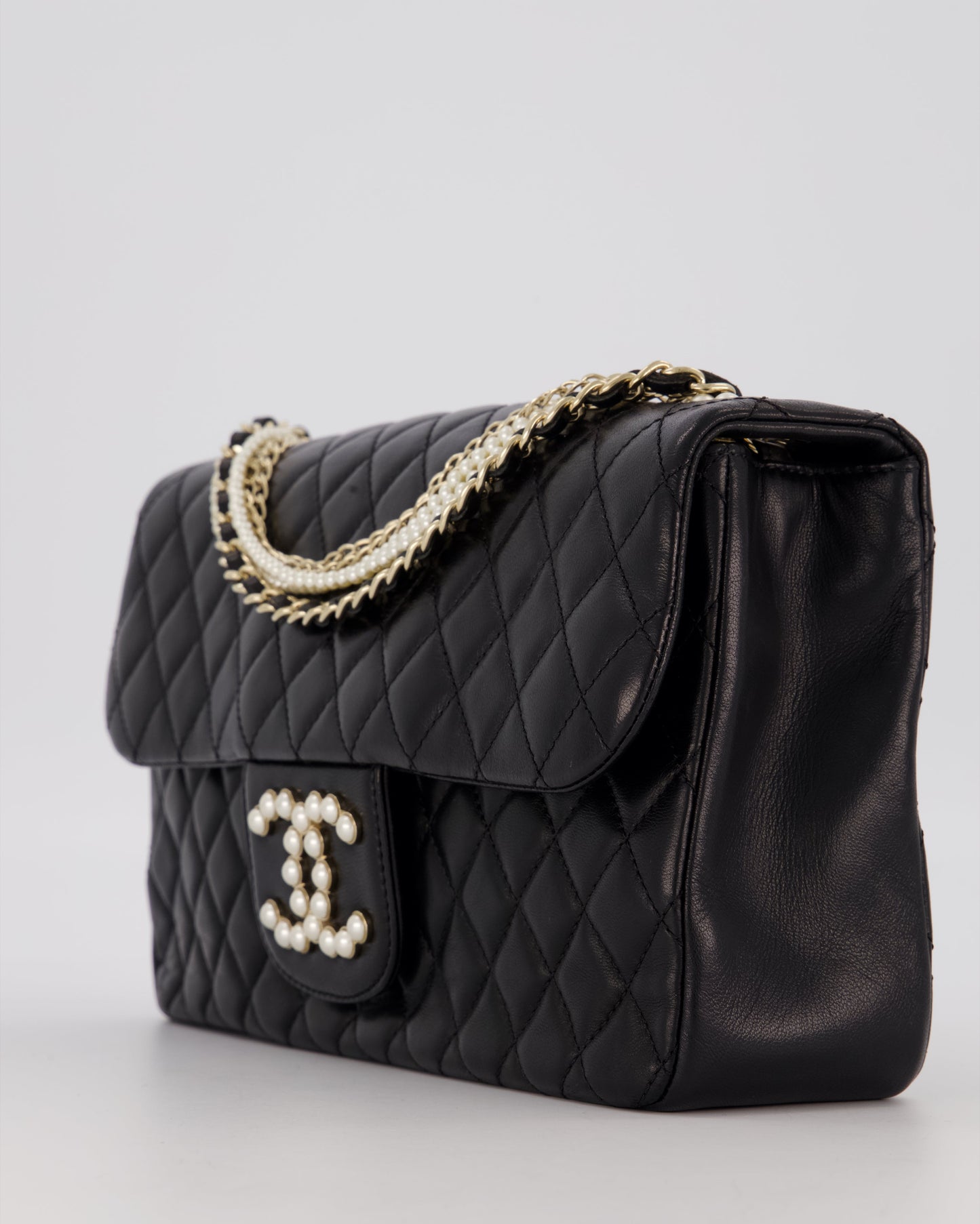 Chanel Black Medium Westminster Pearl Coco Single Flap Bag in Aged Lambskin Leather with Champagne Gold &amp; Pearl Chain and CC Lock Details