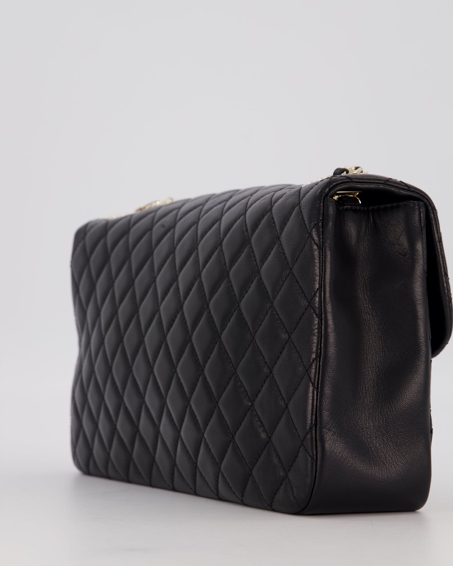 Chanel Black Medium Westminster Pearl Coco Single Flap Bag in Aged Lambskin Leather with Champagne Gold &amp; Pearl Chain and CC Lock Details