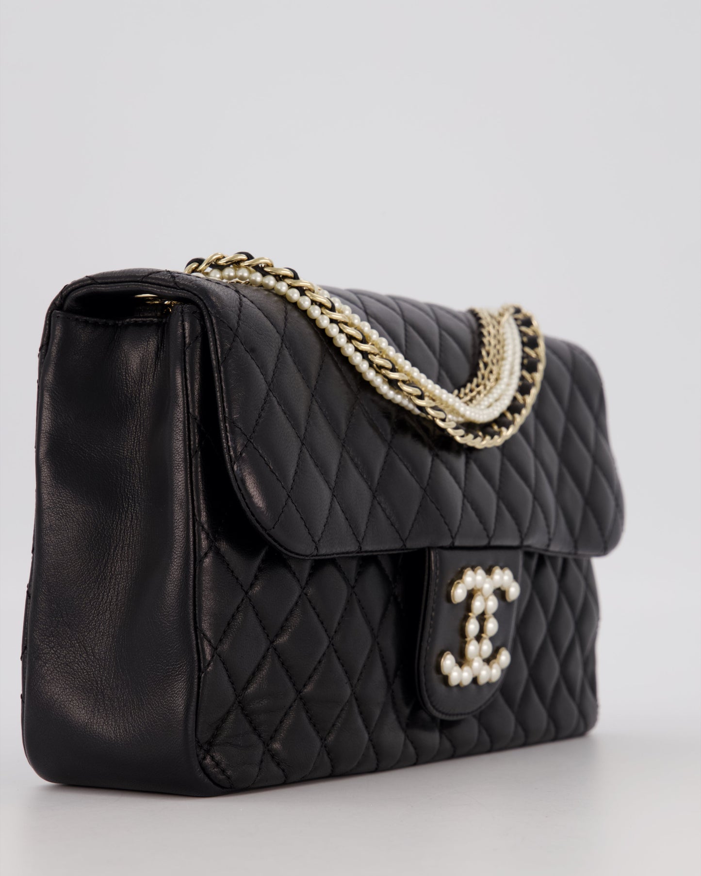 Chanel Black Medium Westminster Pearl Coco Single Flap Bag in Aged Lambskin Leather with Champagne Gold &amp; Pearl Chain and CC Lock Details