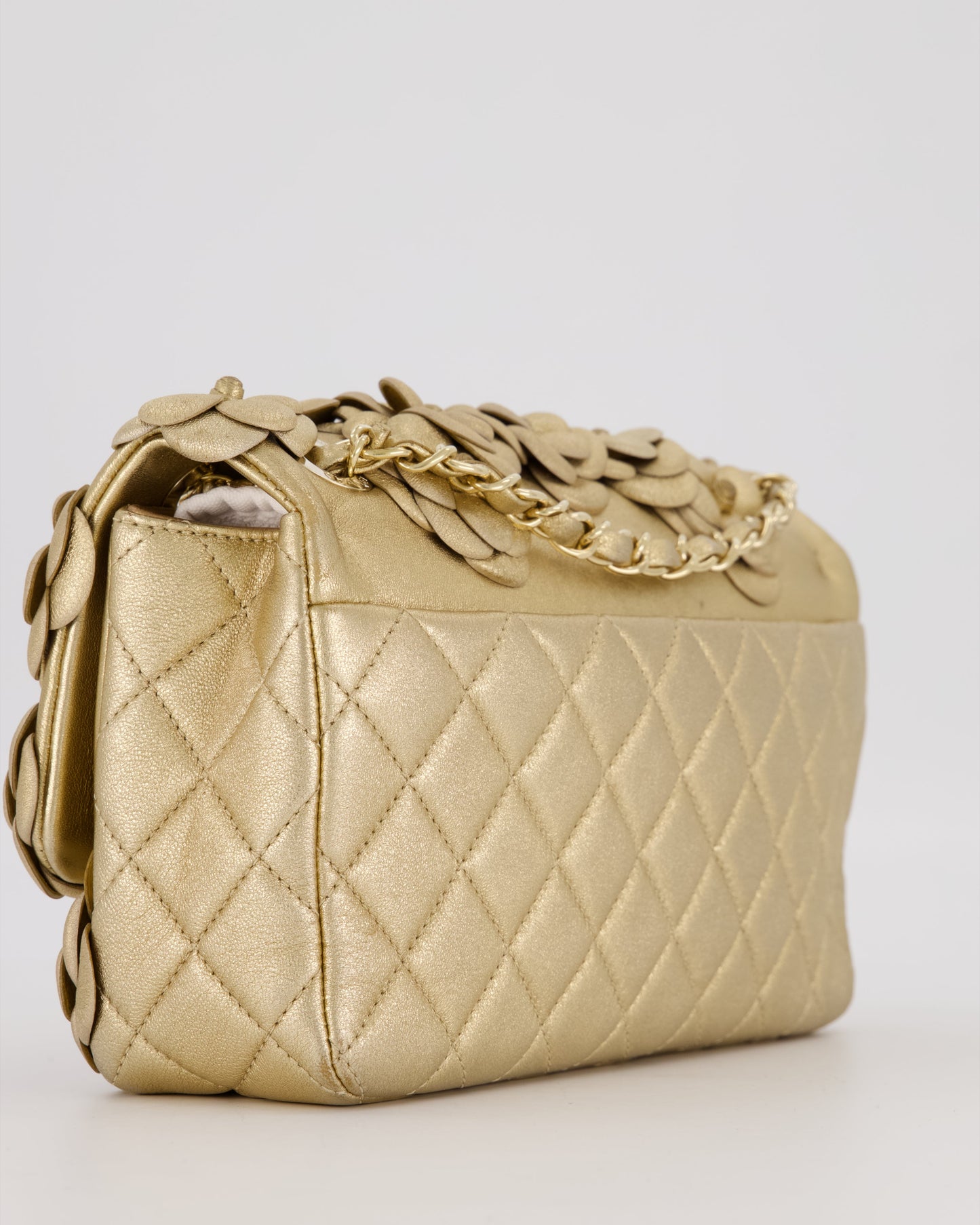 Chanel Camelia Flap Bag in Metallic Gold Lambskin Leather with Champagne Gold Hardware & Embellishment Details