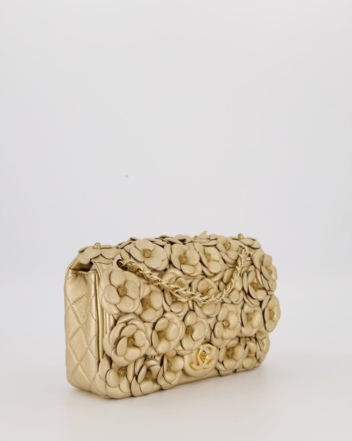 Chanel Camelia Flap Bag in Metallic Gold Lambskin Leather with Champagne Gold Hardware & Embellishment Details
