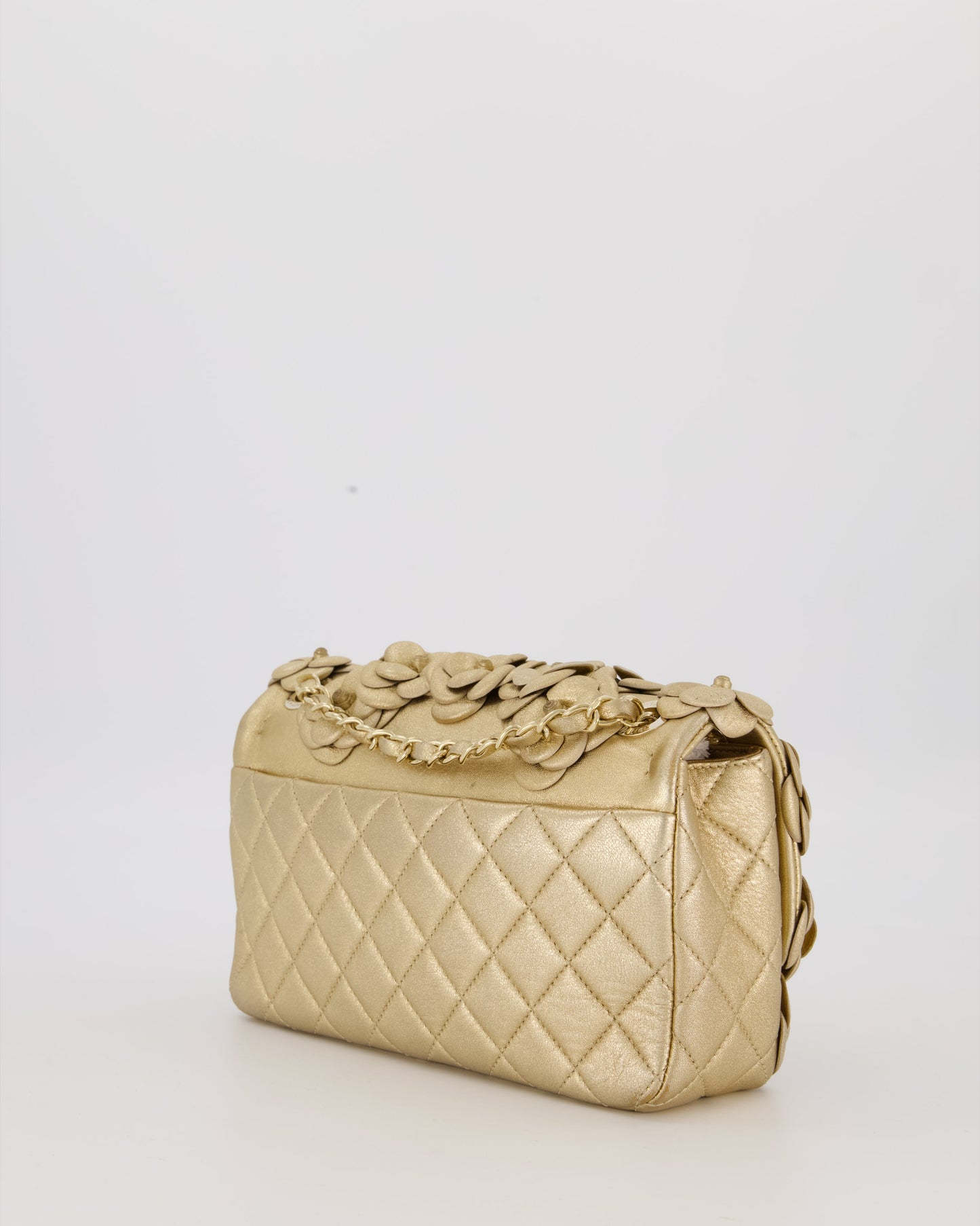 Chanel Camelia Flap Bag in Metallic Gold Lambskin Leather with Champagne Gold Hardware & Embellishment Details