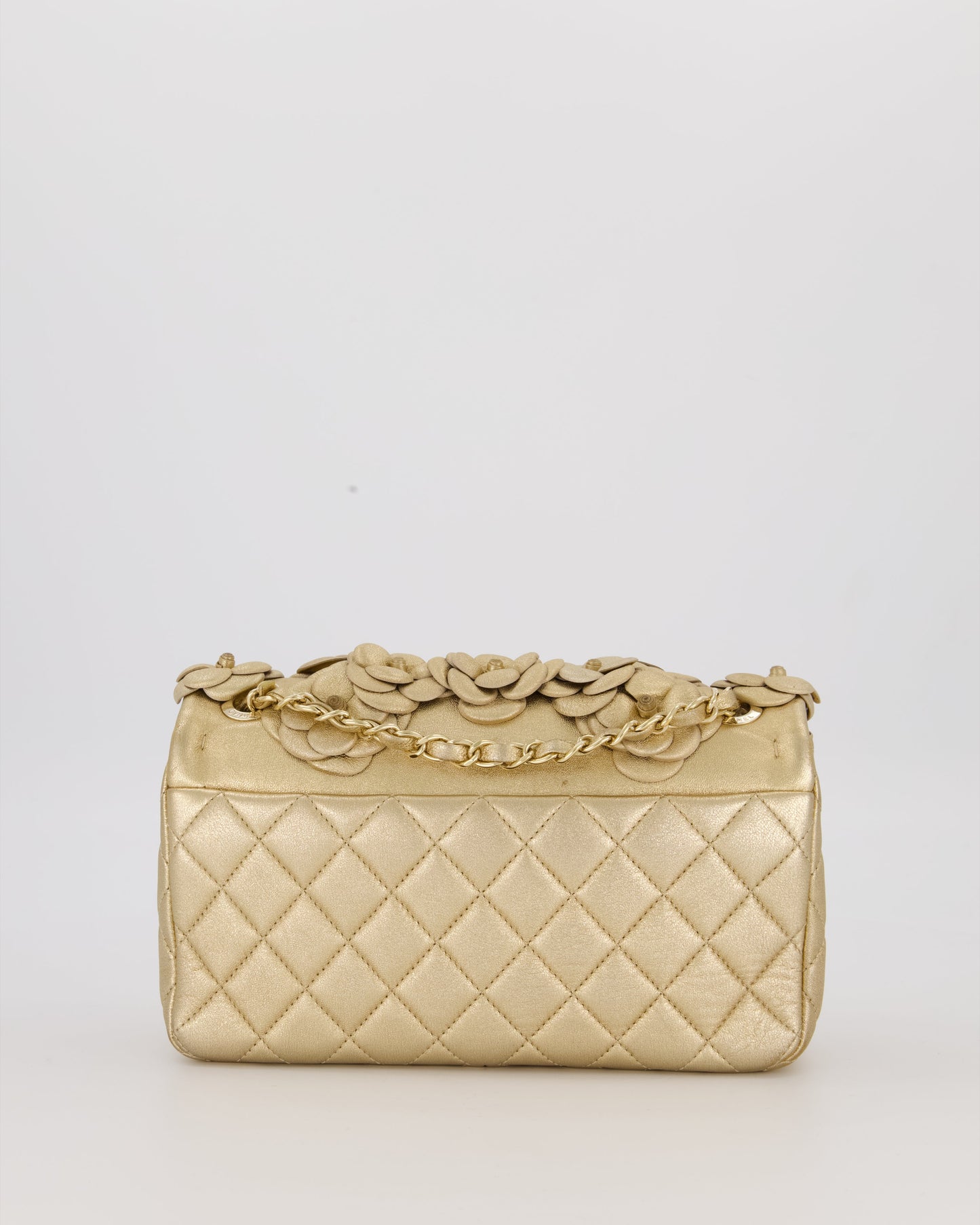 Chanel Camelia Flap Bag in Metallic Gold Lambskin Leather with Champagne Gold Hardware & Embellishment Details
