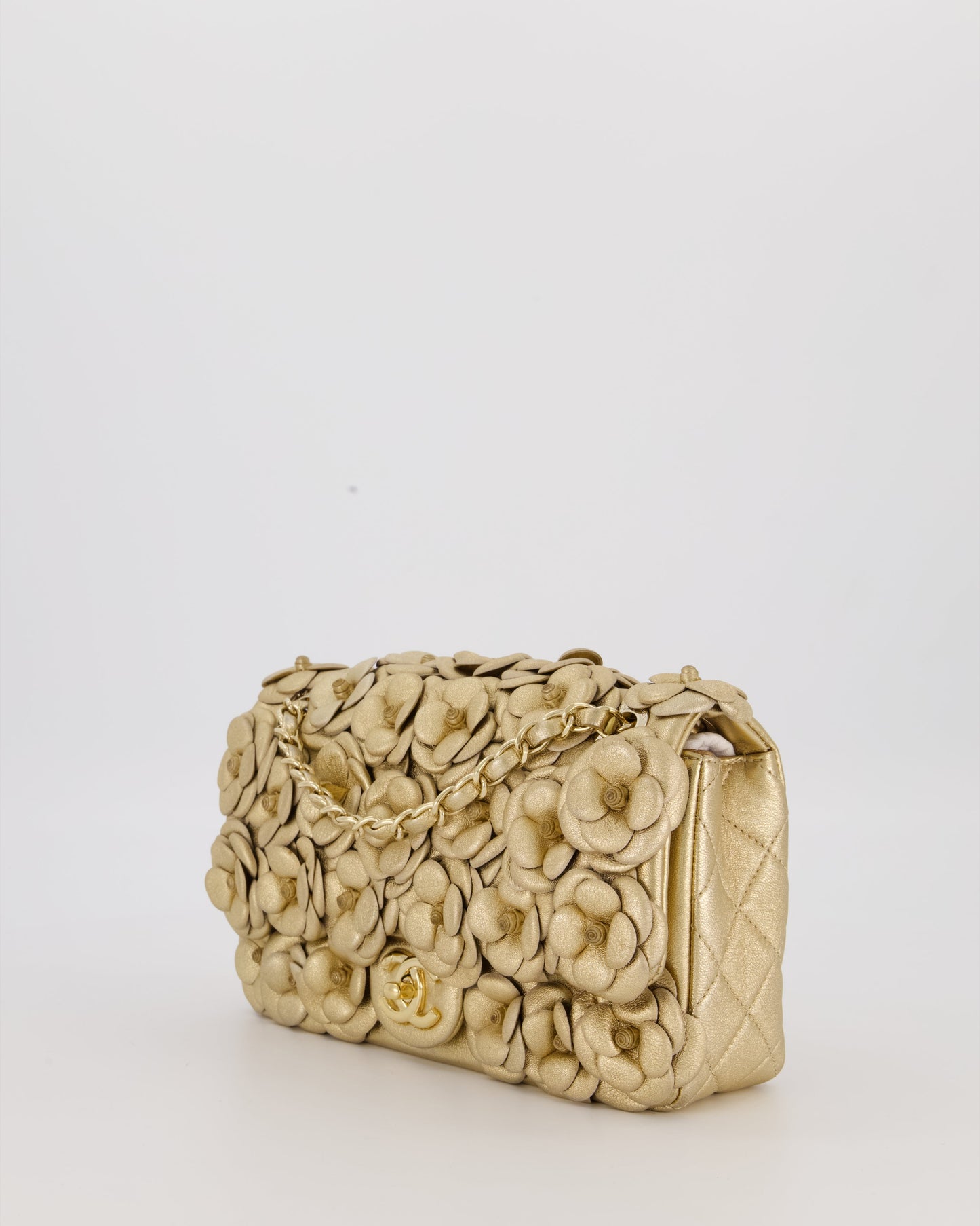 Chanel Camelia Flap Bag in Metallic Gold Lambskin Leather with Champagne Gold Hardware & Embellishment Details