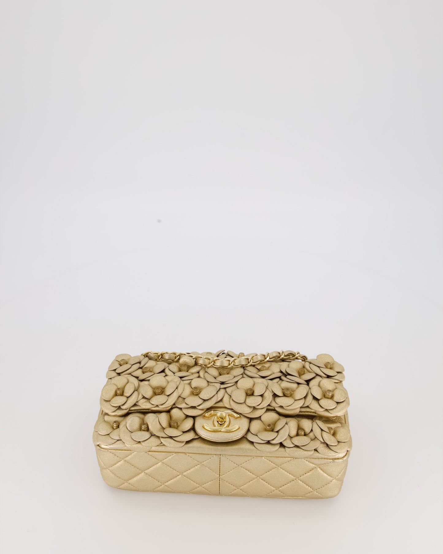 Chanel Camelia Flap Bag in Metallic Gold Lambskin Leather with Champagne Gold Hardware & Embellishment Details