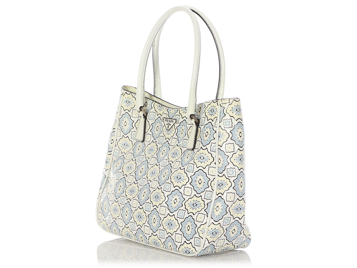 Prada Small Blue, Cream, and White Embossed Floral Tote