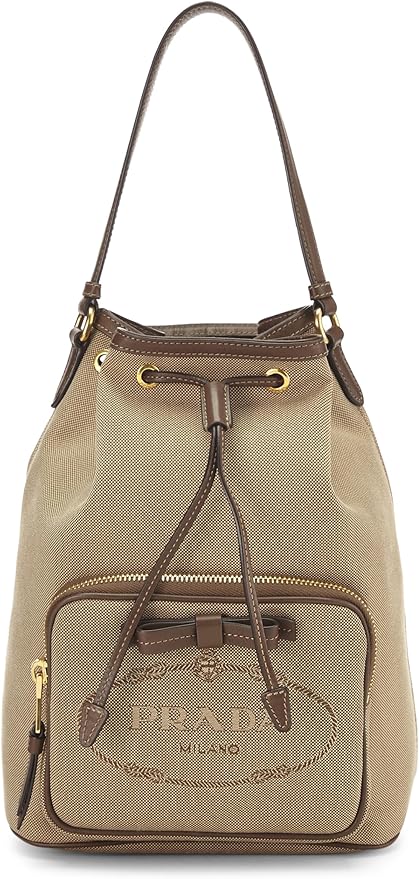 PRADA LOGO JACQUARD CANVAS LEATHER SMALL BUCKET BAG
