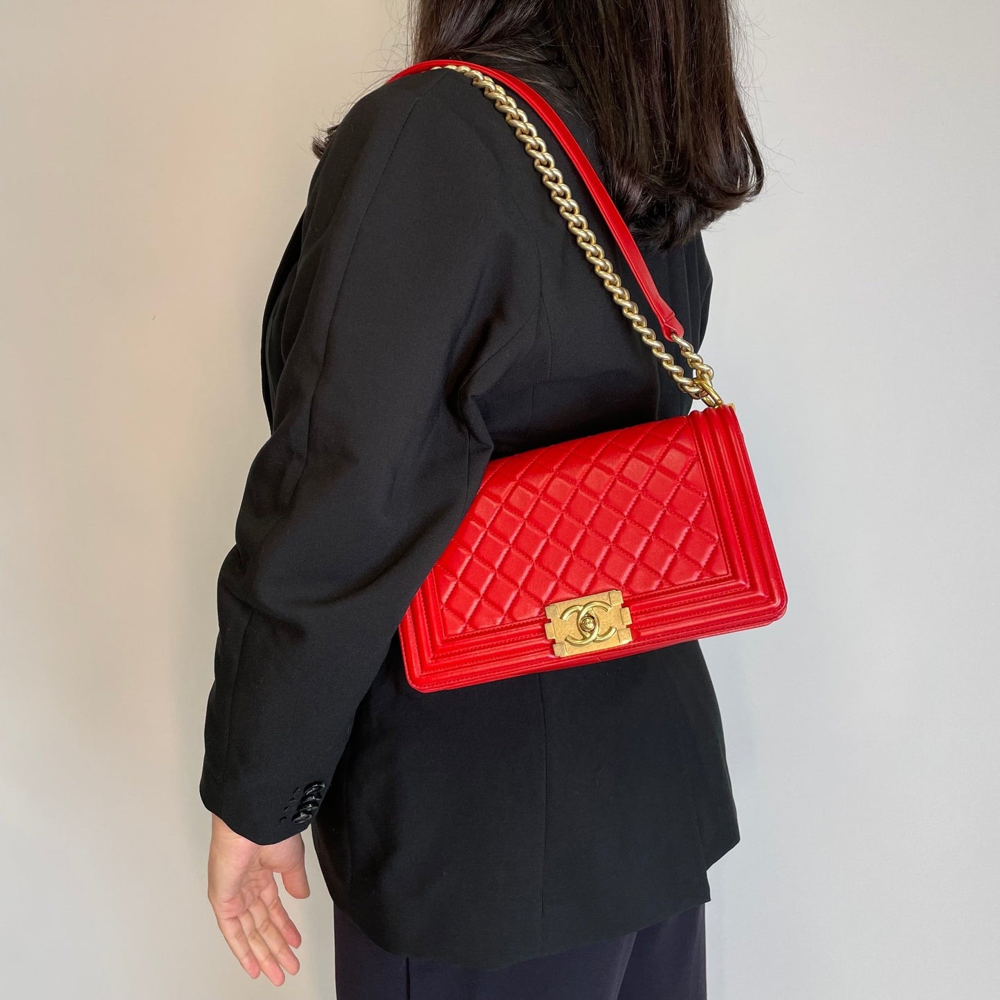 Chanel Bright Red Lambskin Old Medium Classic Boy Bag 2015 16