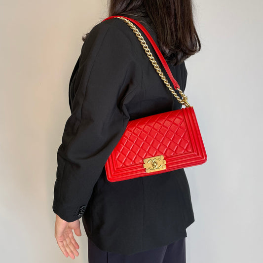 Chanel Bright Red Lambskin Old Medium Classic Boy Bag 2015 16