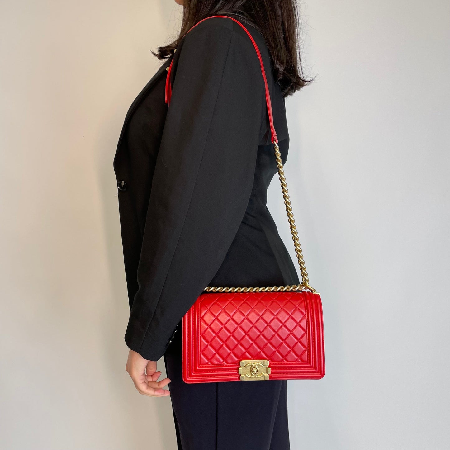 Chanel Bright Red Lambskin Old Medium Classic Boy Bag 2015 16