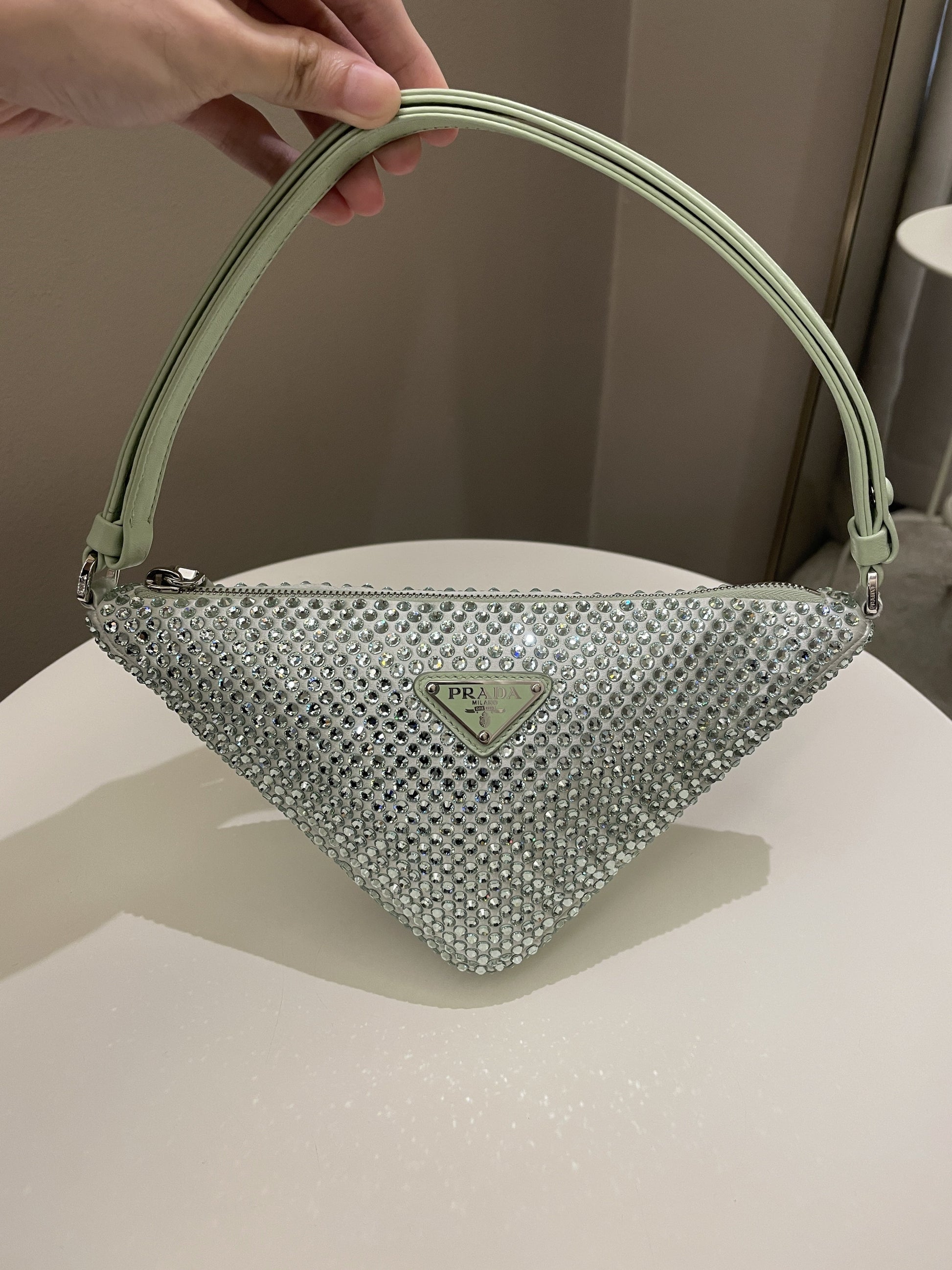 Prada Triangular Crystal Auqa Green Luxury Handbag