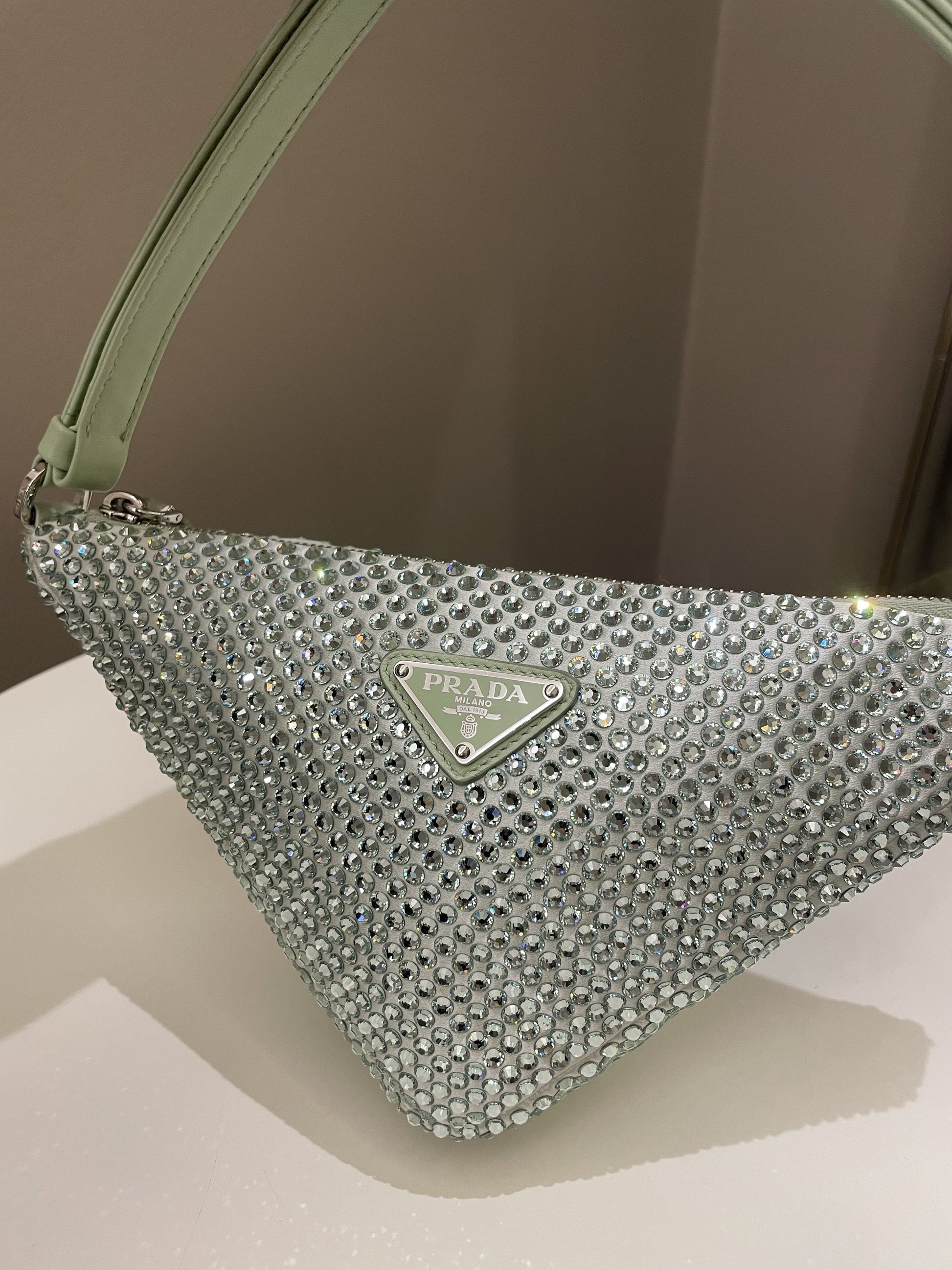 Prada Triangular Crystal Auqa Green Luxury Handbag