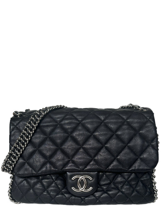 Chanel Black Washed Lambskin Quilted Maxi Chain Around Flap Bag