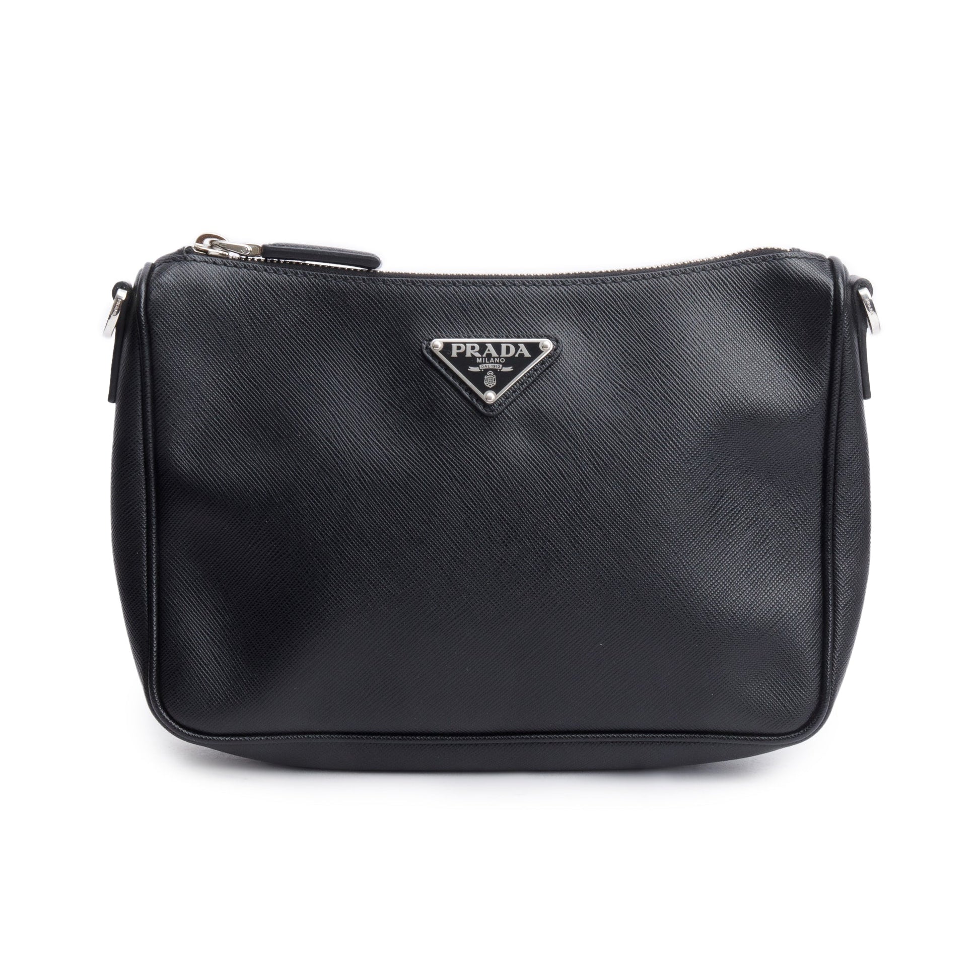 Prada 2020 Black Saffiano Travel Pocket Zippered Shoulder Bag